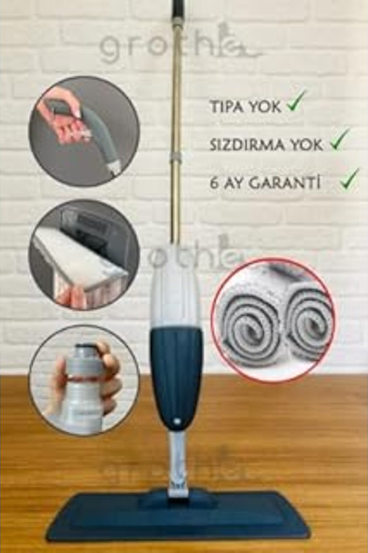 Mu Art Wipe Sprey Mop Gri - Tipasiz Sistem -2 Mop Bezli - 700 Cc Su Hazneli - Üretici Garantili