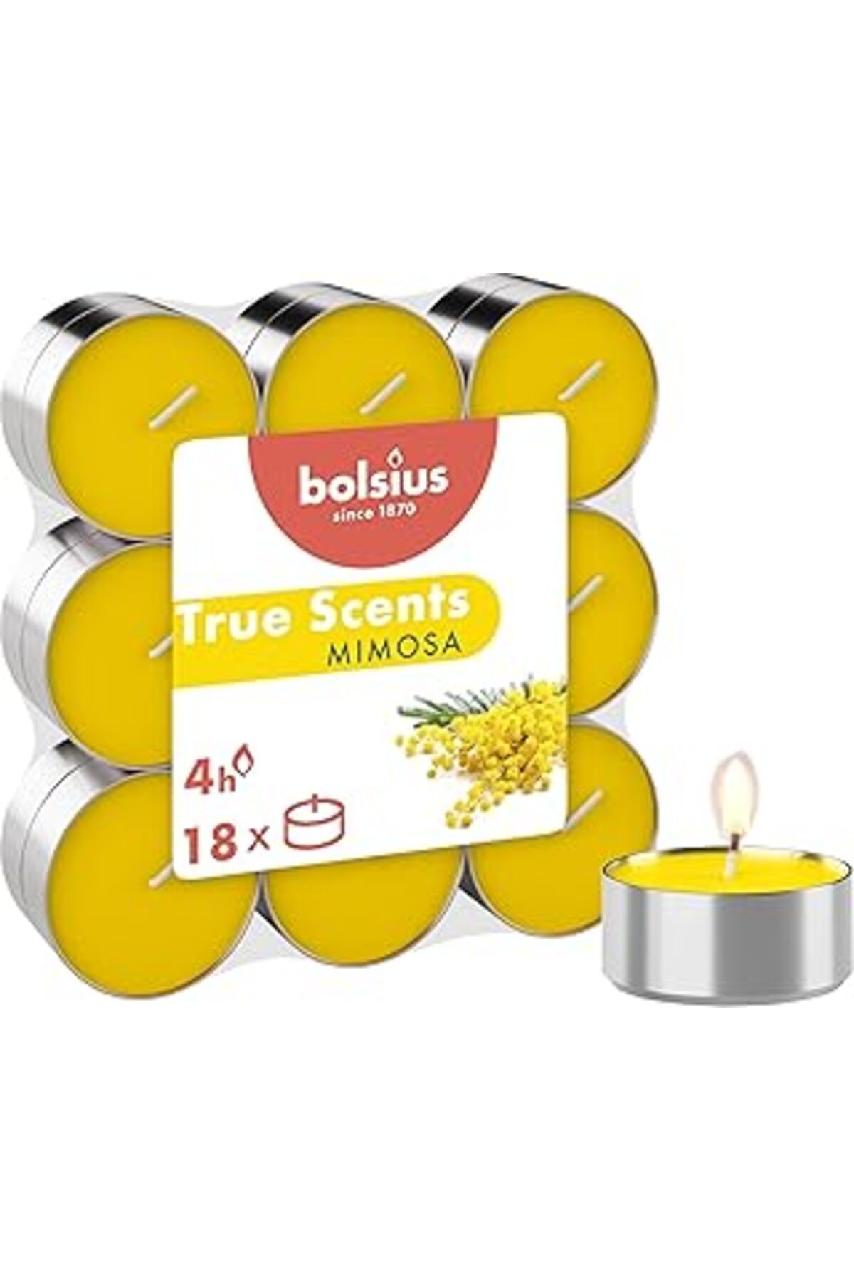 NETWORK ART Bolsius Kokulu Tealight Mum, Mimosa Kokulu, Sarı Renkli, 18'Li Paket, 4 Saatlik Uzun Yanma Süresi -