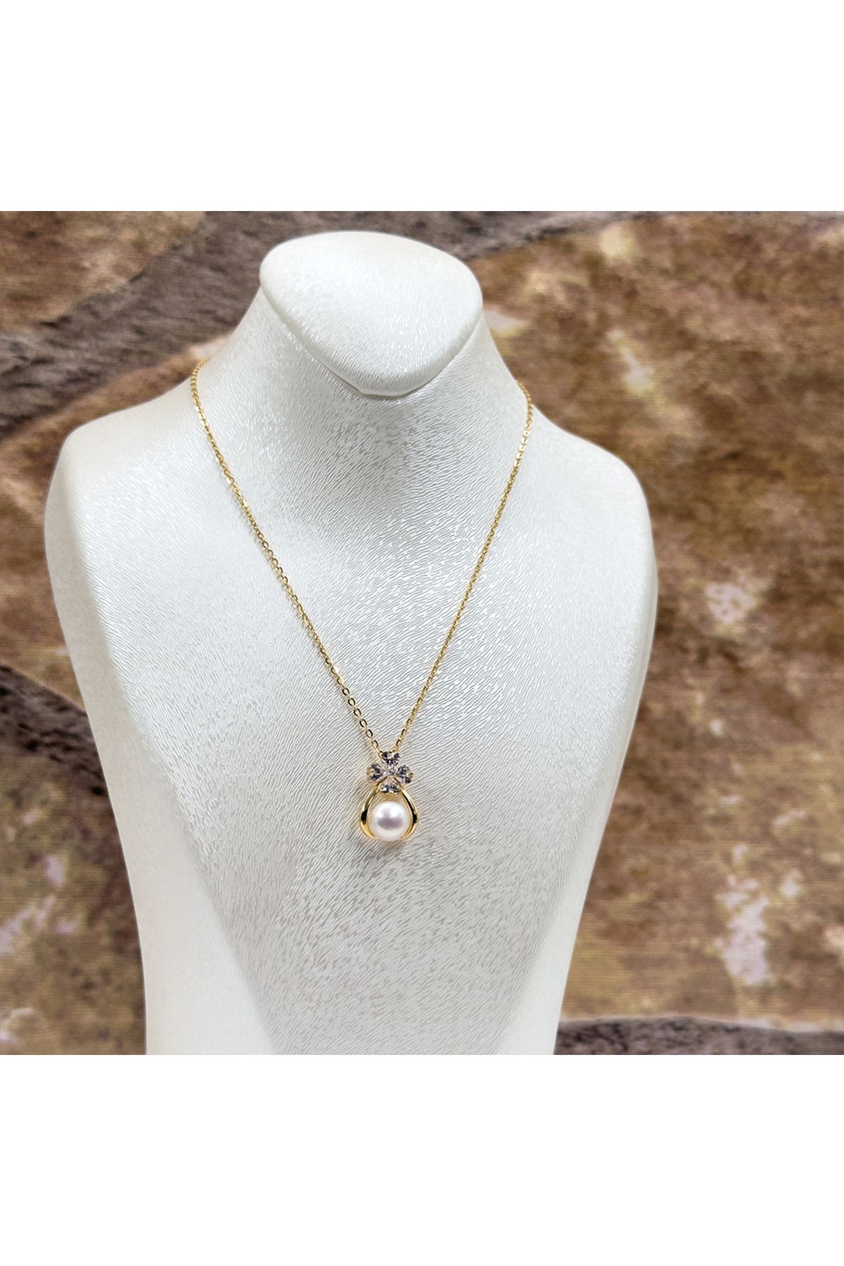 Livora Jewelry İncili Özel Tasarım Gold Renk Gümüş Kolye