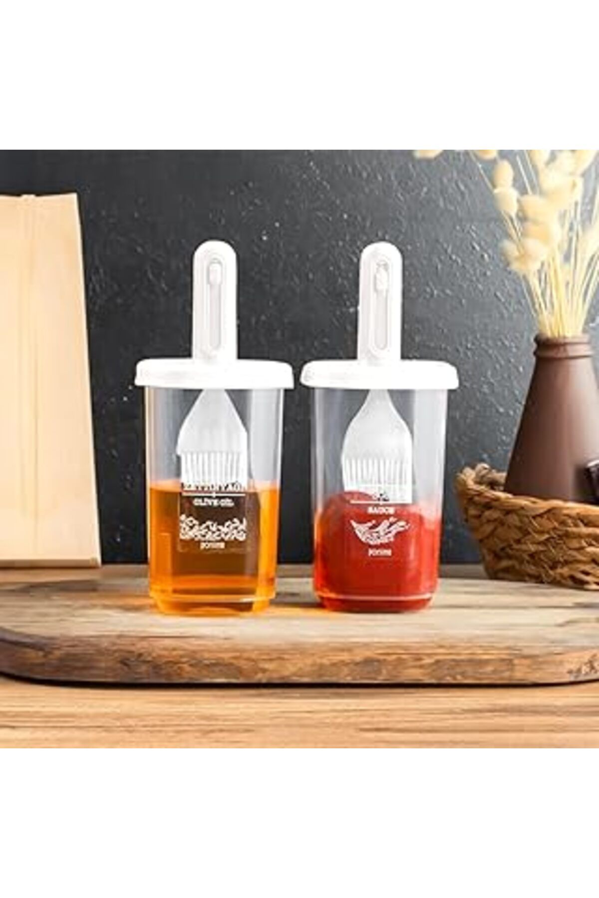 Mu Art Ahşap Porsima 0520 2'li Silikon Fırçalı Yağlık - Yağdanlık Erzak Saklama Kabı 350 Cc Beyaz
