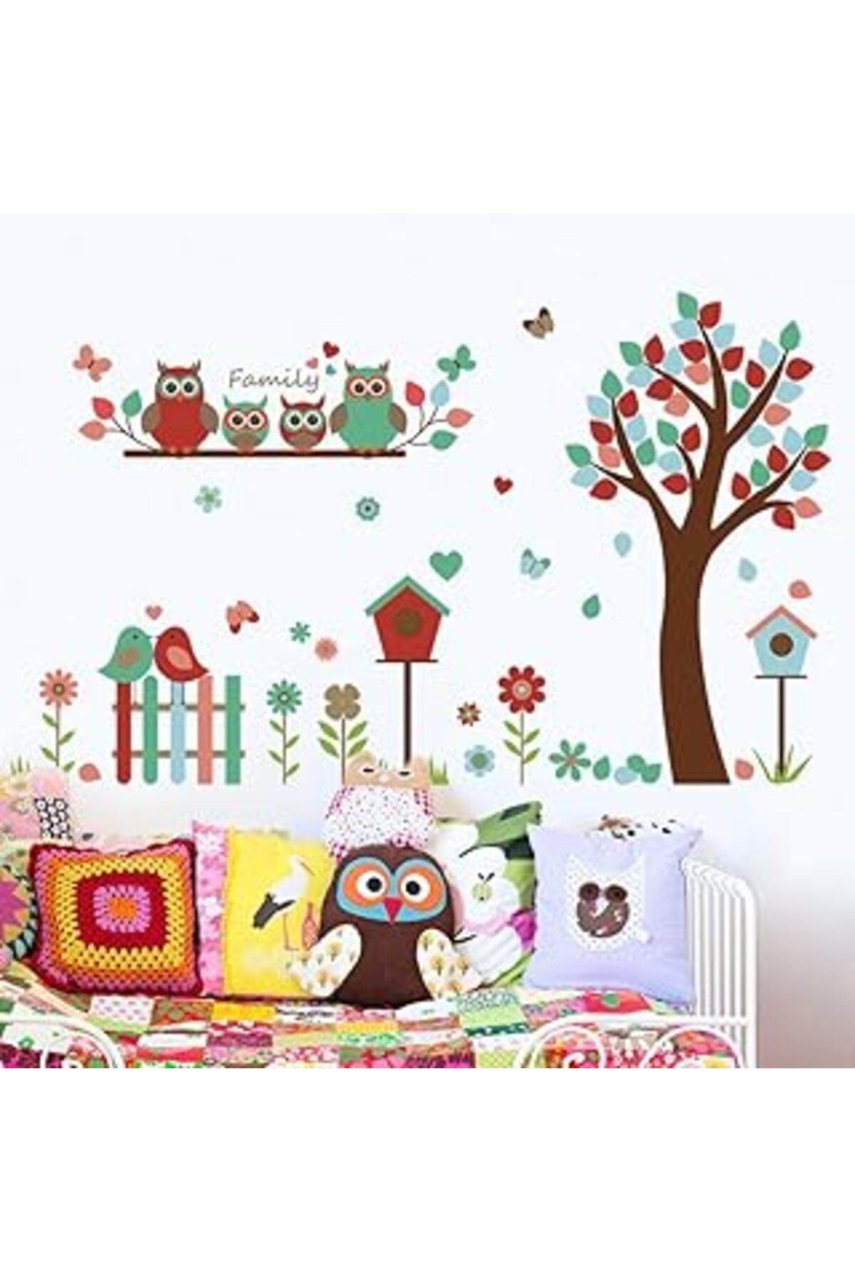 Genel Markalar Wallpark Sevimli Baykuş Aile & Çiçek Ağaç Çit Vogelbauer Yapıştırıcı Çıkarılabilir Duvar Çıkartması
