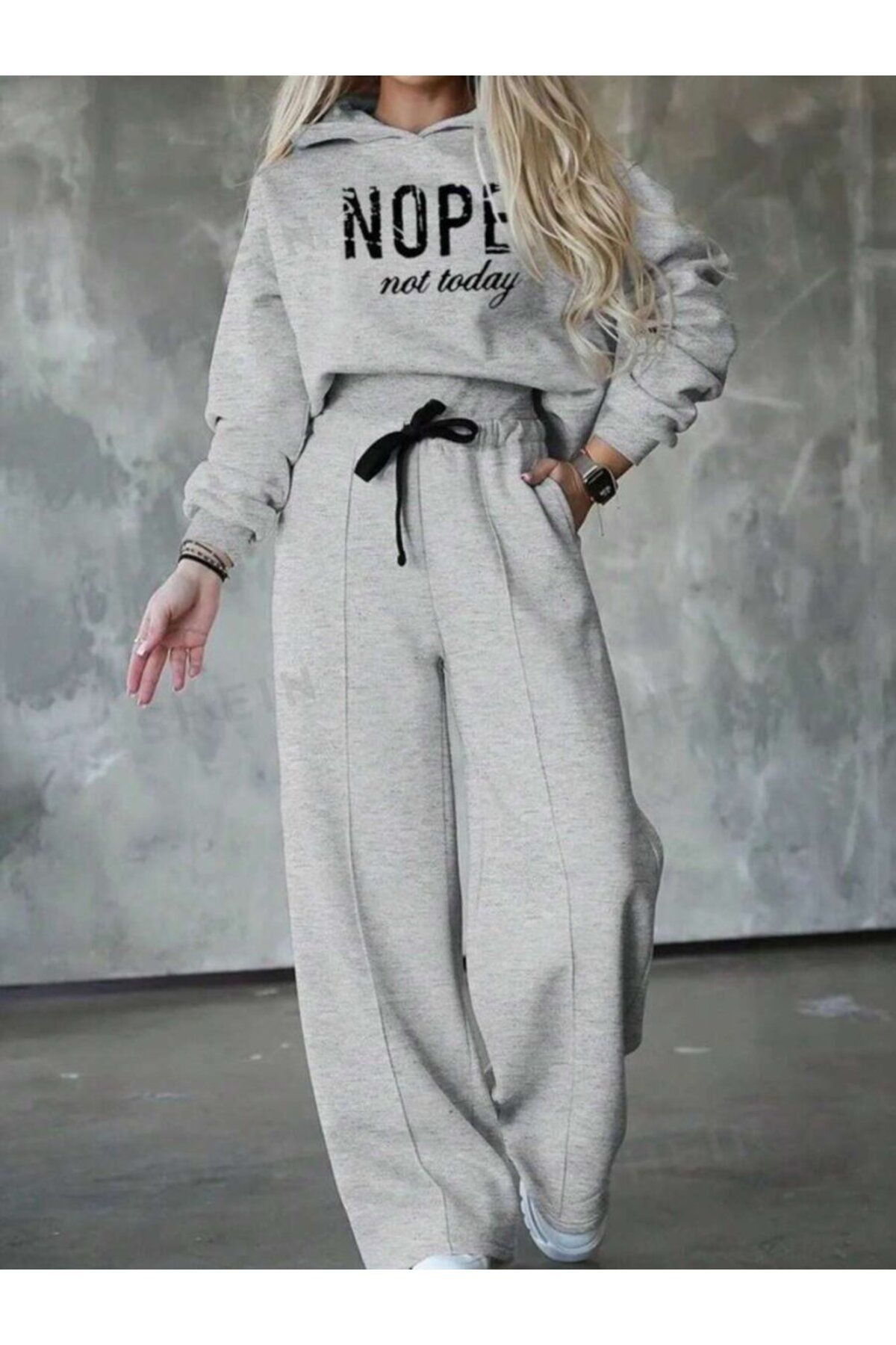 MHT STORE Kadın Uzun Kollu Nope Baskılı Beli Ribanalı Ikili Takım