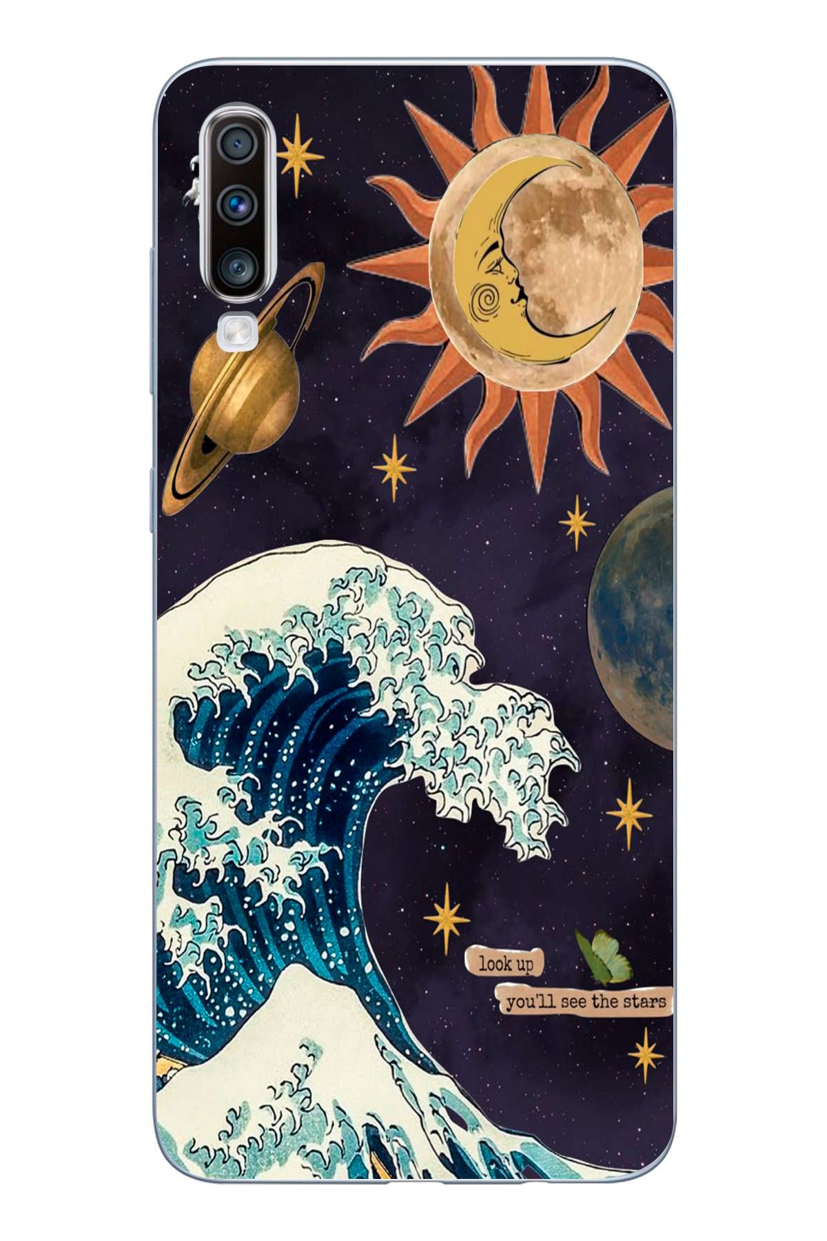 moonset Samsung Galaxy A70 Uyumlu Dalga ve Güneş Tasarımlı Baskılı Şeffaf Telefon Kılıfı