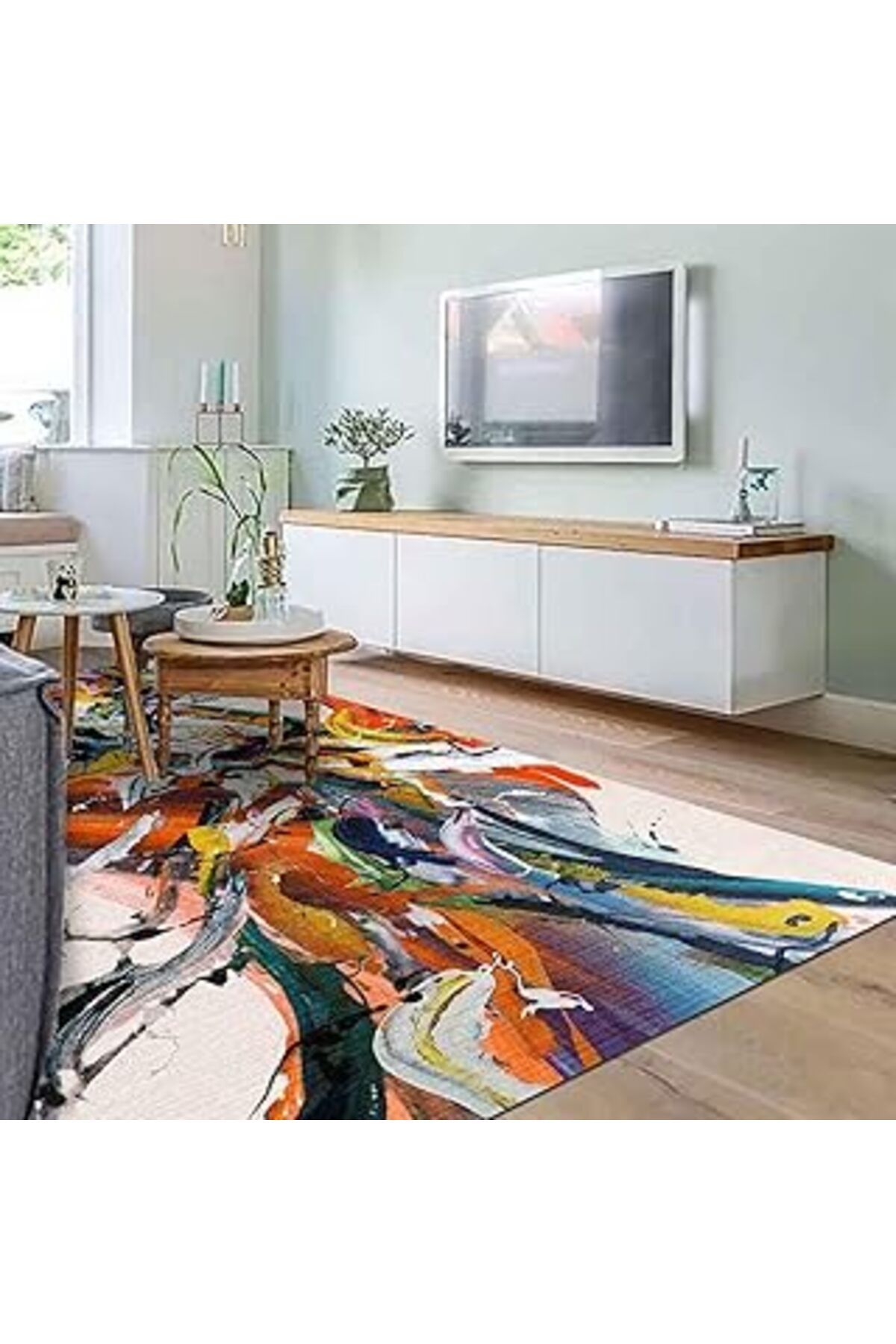 robotrend Latte Dizayn Mimoza Desenli Pamuk Tabanlı Yıkanabilen Kaydırmaz Antibakteriyel Salon Halısı 200X300