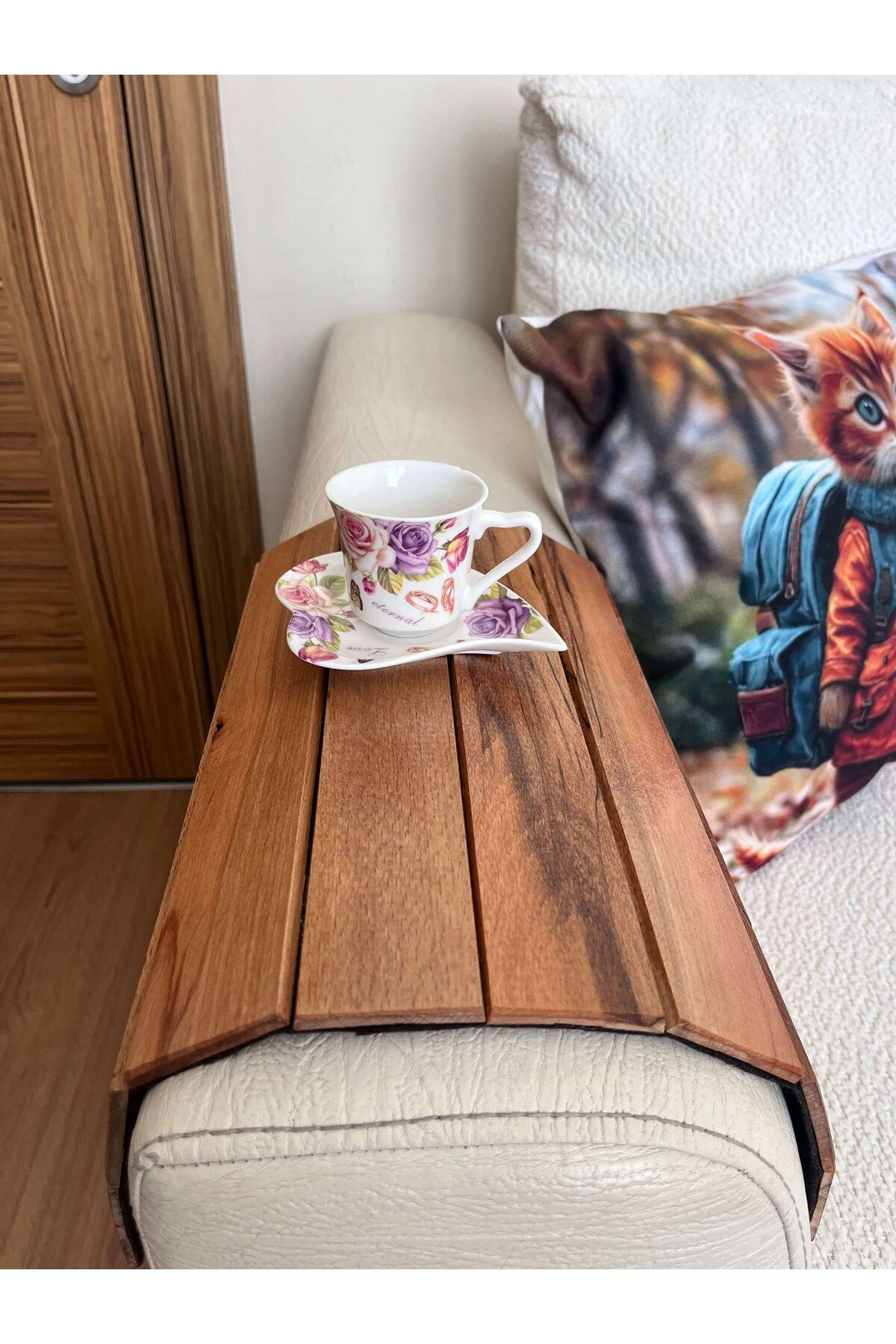 ERBAYLAR POLYESTER Koltuk Kenarı Katlanabilir Yan Sehpa – Portatif Ahşap Tepsi - 30X40