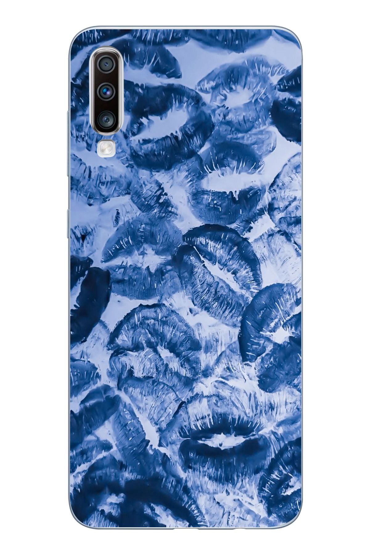 moonset Samsung Galaxy A70 Uyumlu Mavi Dudaklar Tasarımlı Baskılı Şeffaf Telefon Kılıfı