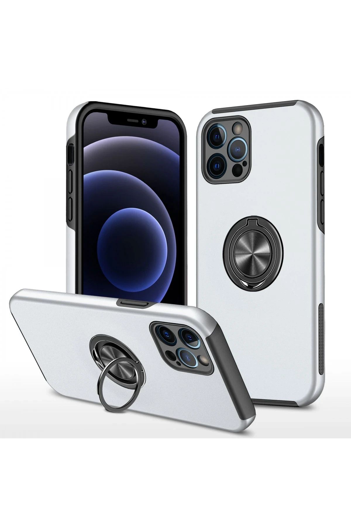 NewFace iPhone 12 Pro Kılıf Elit Yüzüklü Kapak - Gümüş JOJUA