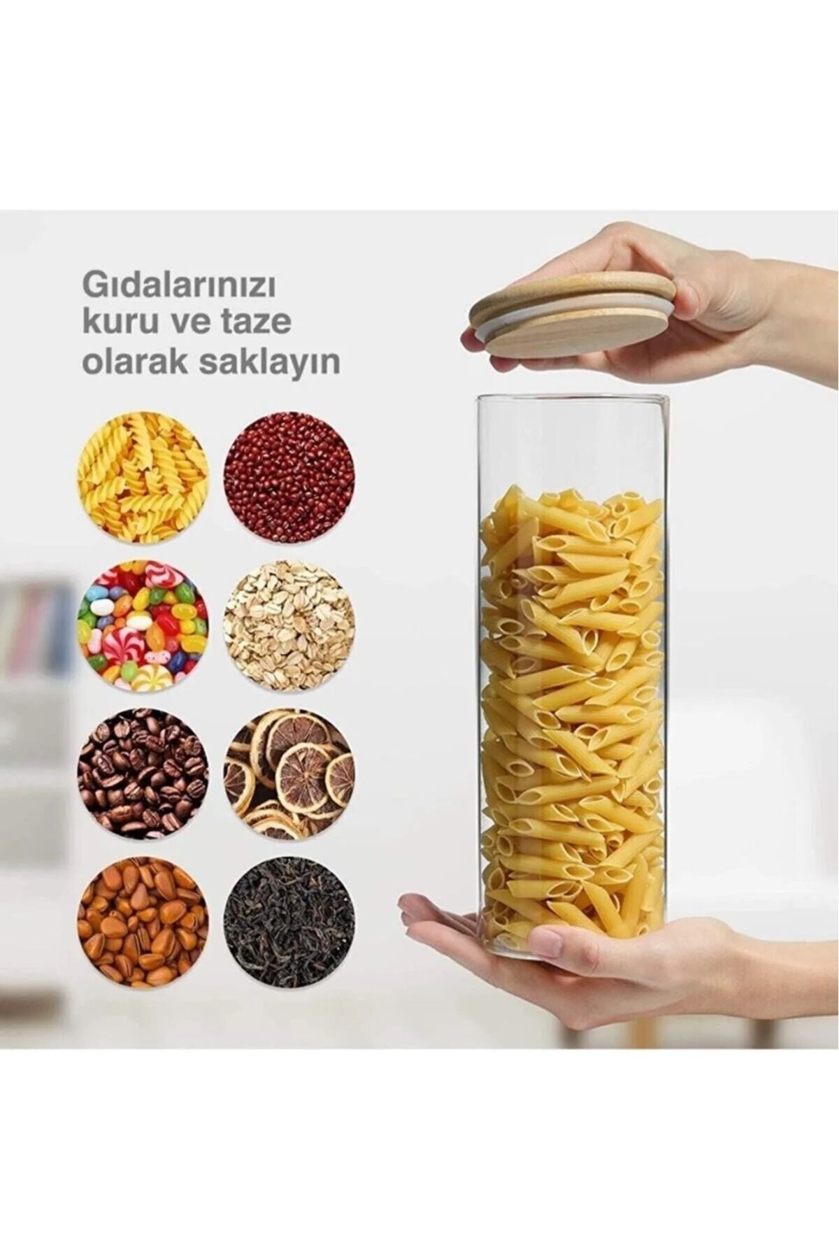 Noah Exclusive Borosilikat Cam Kavanoz Saklama Kabı - Vakumlu Bambu Kapak - 90 x 260 mm - 1750 Ml