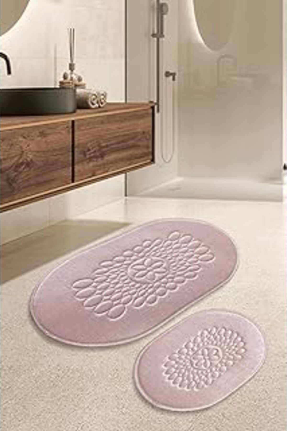 karadağsb İkinciten Banyo Klozet Paspası Halısı 2'Li Takım Kaymaz Yıkanabilir 100X60-60X50 Pudra