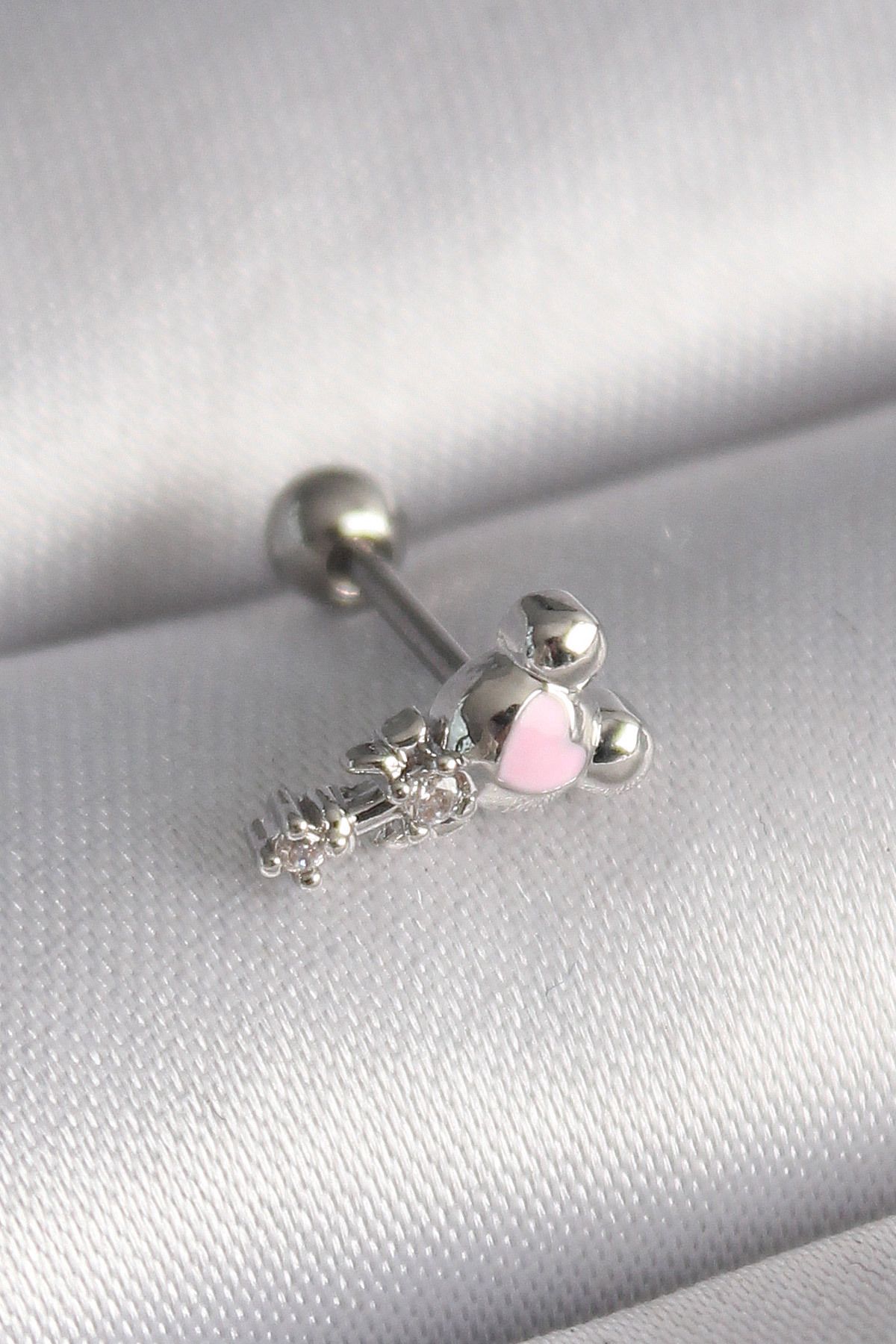robotrend 316L Çelik Gümüş Renk Zirkon Taş Detay Pembe Kalp İşleme Tragus Piercing