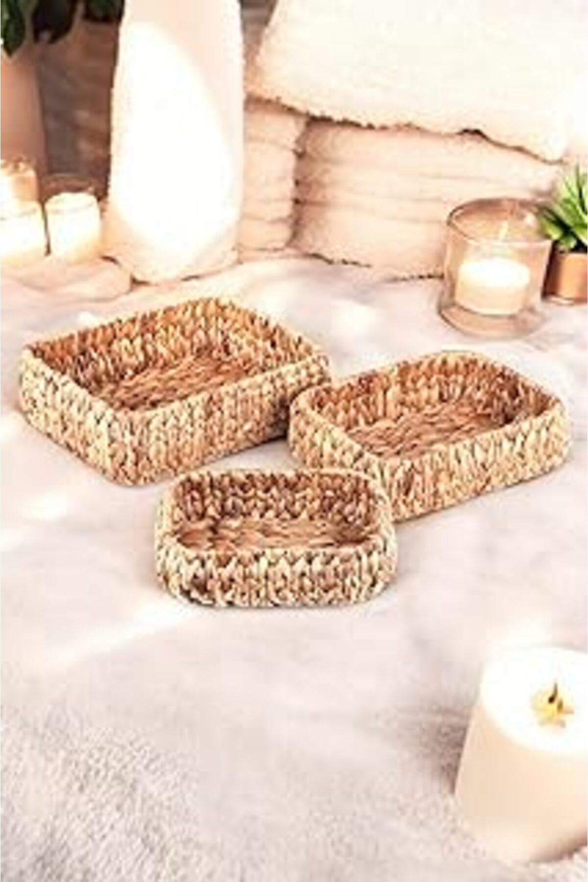 karadağsb Deconox Doğal El Yapımı, Kare Bombeli Düzenleyici 3'Lü Hasır Sepet - 32Cm-28Cm-24Cm 3 Boy Set
