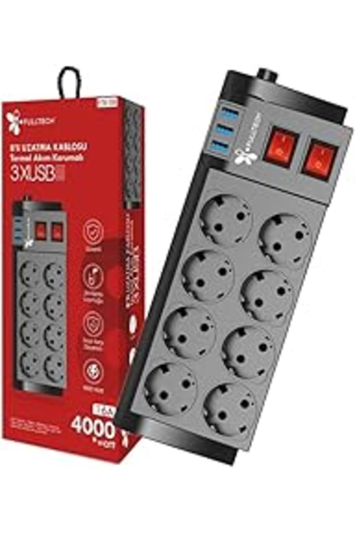 TBSProjects Termal Akım Korumalı 8'Li Grup Priz, Isıya Karşı Dayanıklı, 8 X Priz - 3 X Usb - 2 Metre Kablo Uzun
