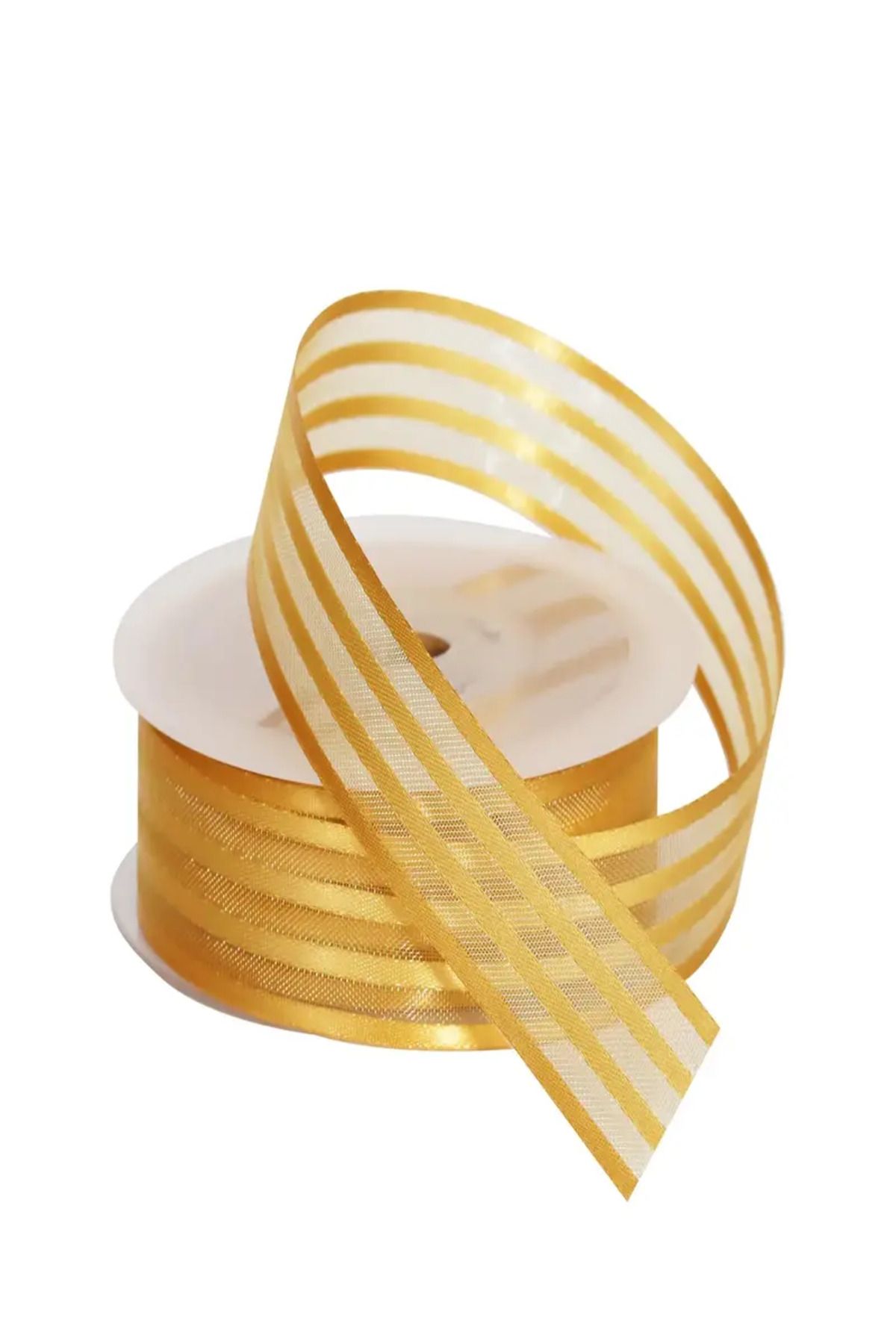 HOBİ Şifon Şeritli Kurdele Gold Renk 2.5cm Çizgili 20 Metre