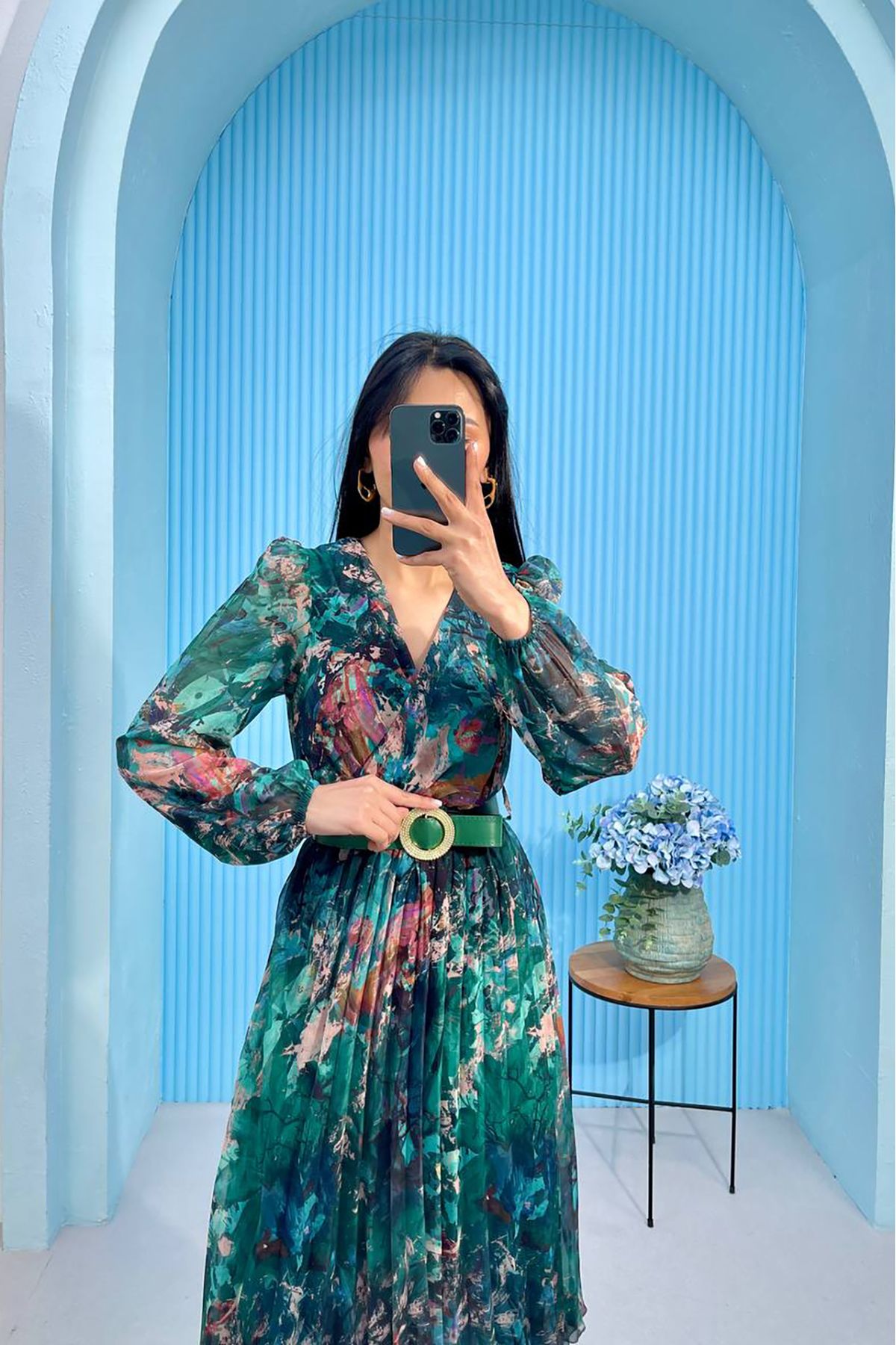 XXL BUTİK XXL Butik kadın piliseli kruvaze yaka şifon elbise X-NBMY3286