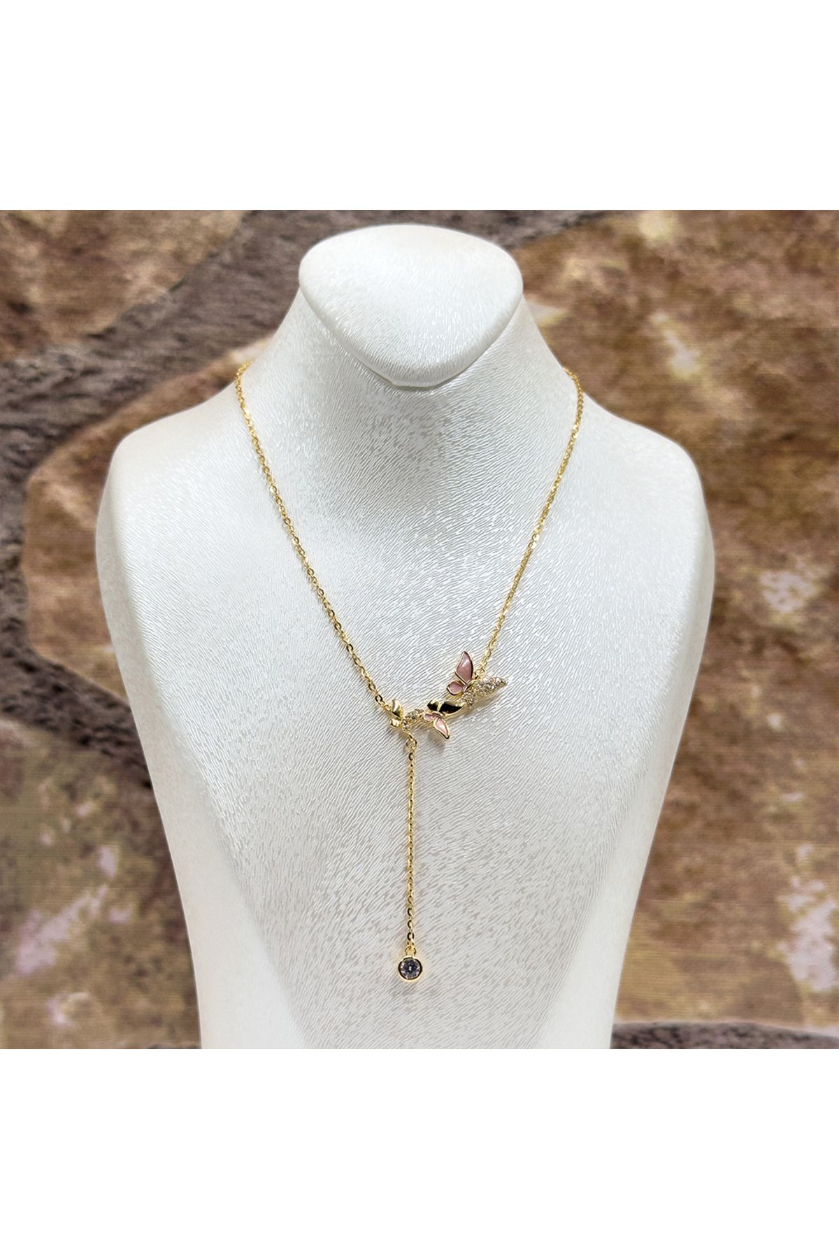 Livora Jewelry Pembe Kuvars Sıralı Tektaş Detaylı Gümüş Kolye
