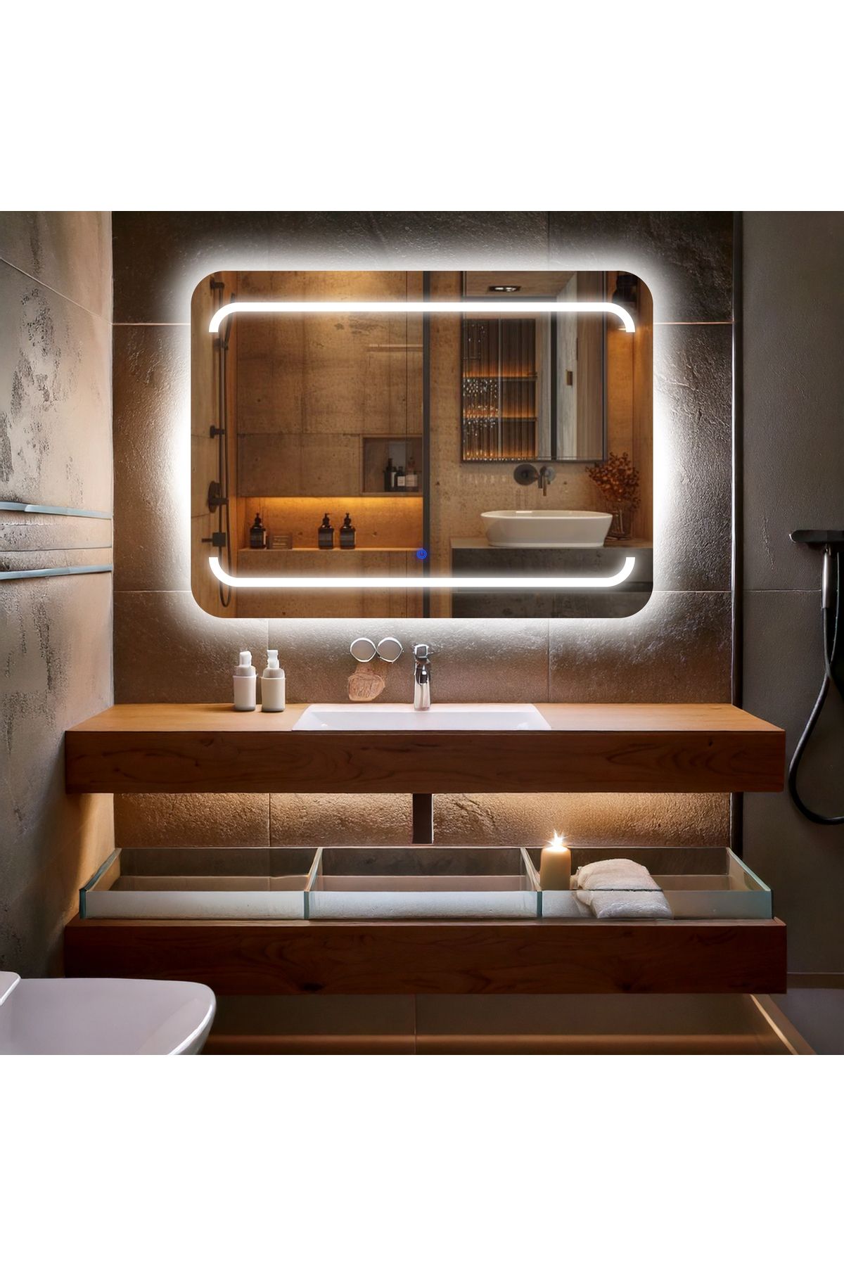 lumora mirror design Recta Beyaz Led'li Kumlamalı Lavabo & Banyo Aynası (Dokunmatik Sensörlü)