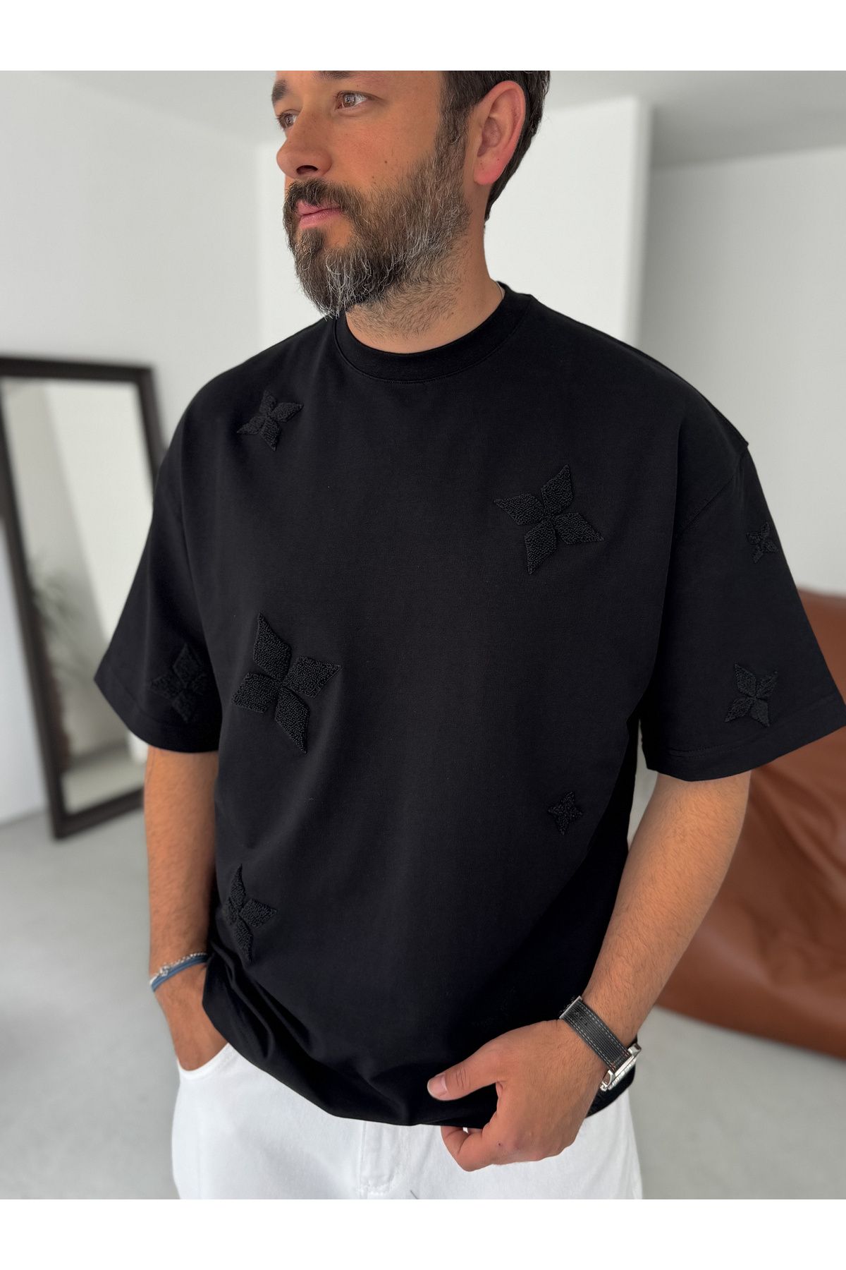 BYBASICMAN Siyah Yıldız Nakışlı Oversize T-Shirt RES-5129