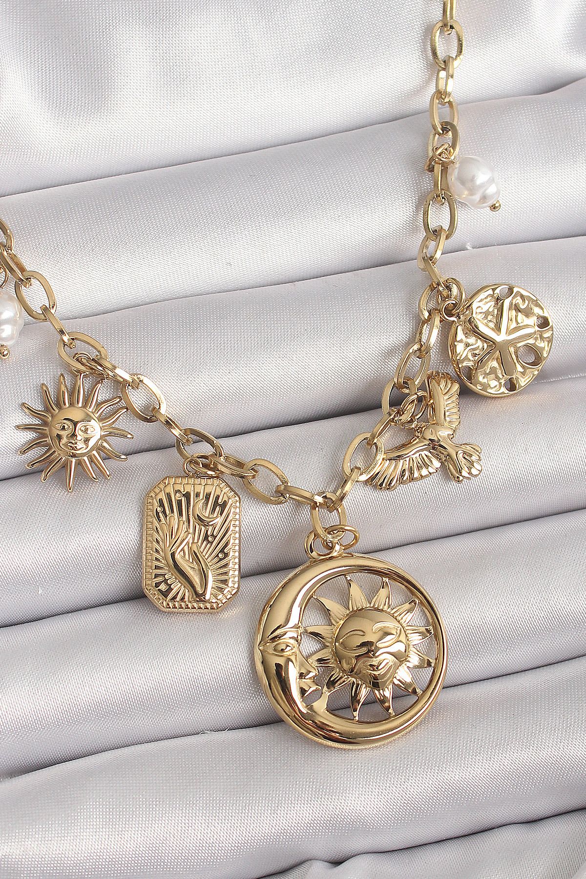 MMB Boutique 316L Çelik Gold Renk Halka Zincir Sallantı Ay Güneş Figür Kuş Detay Kadın Kolye