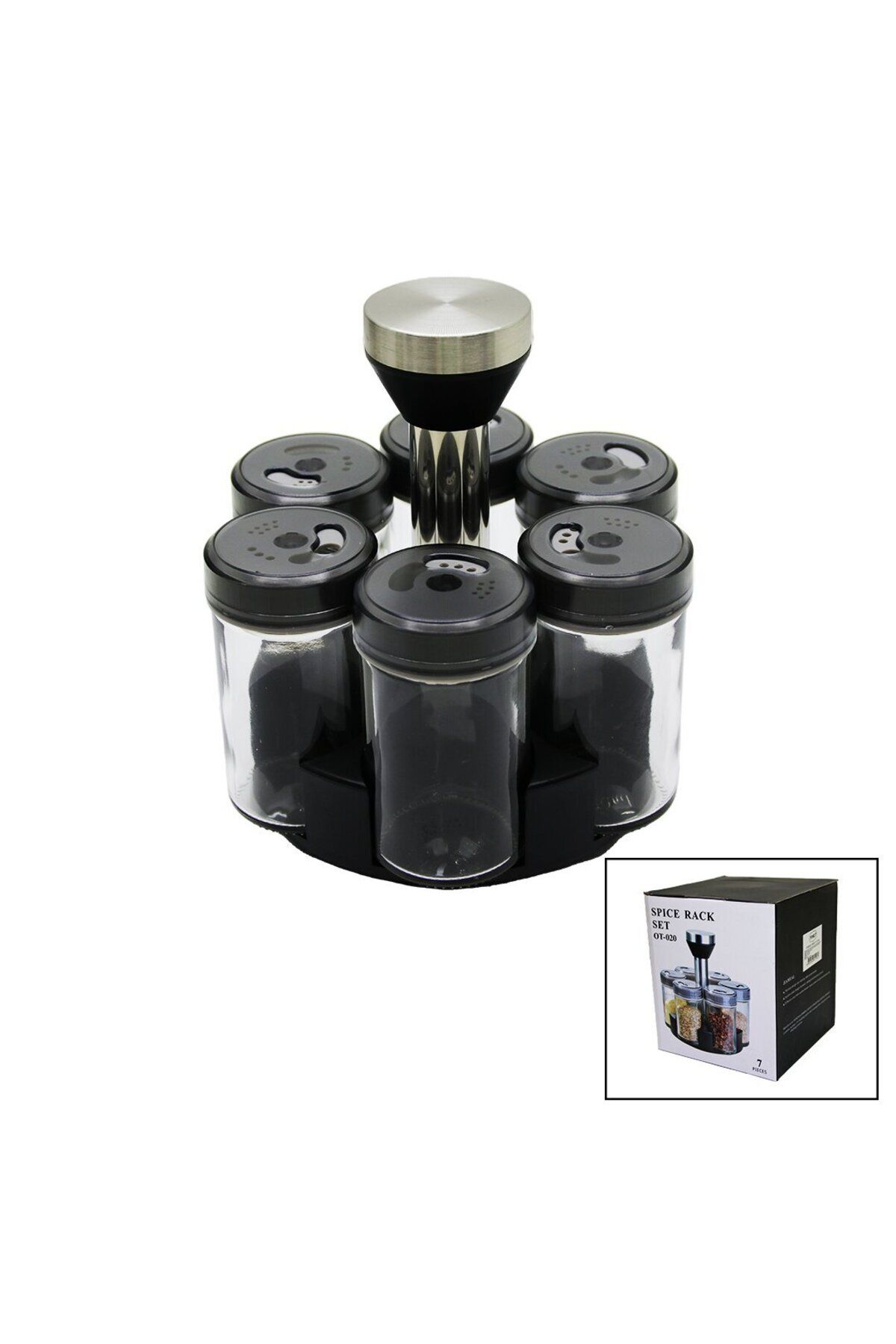 Emperium 6 PARÇA YUVARLAK CAM - PLASTİK KAPAK TULUK - BAHARATLIK DÖNER STANDLI (5122)