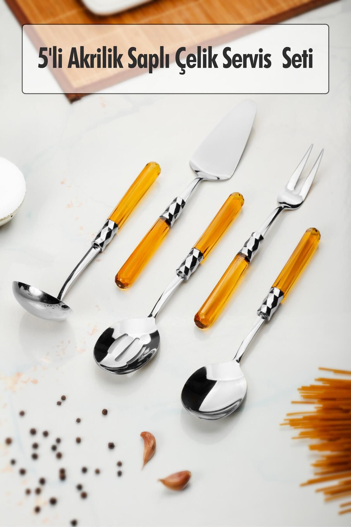 HNG HOME 5 Parça Platin Servis Seti & Servis Sunum Seti Amber ( Kepçe / Kevgir / Sıpatula / Çatal / Kaşık )