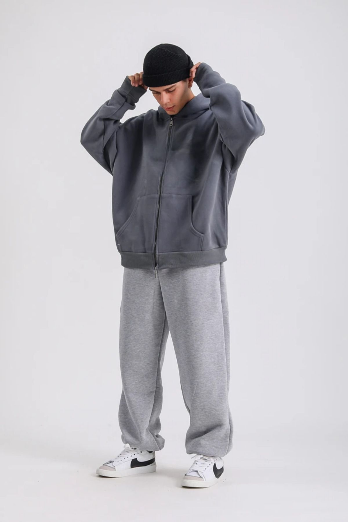 vladivosto-Plus Size 3 Thread Grey-Black Anthracite Oversize Sweatpants - Elastic Loose Fit 5