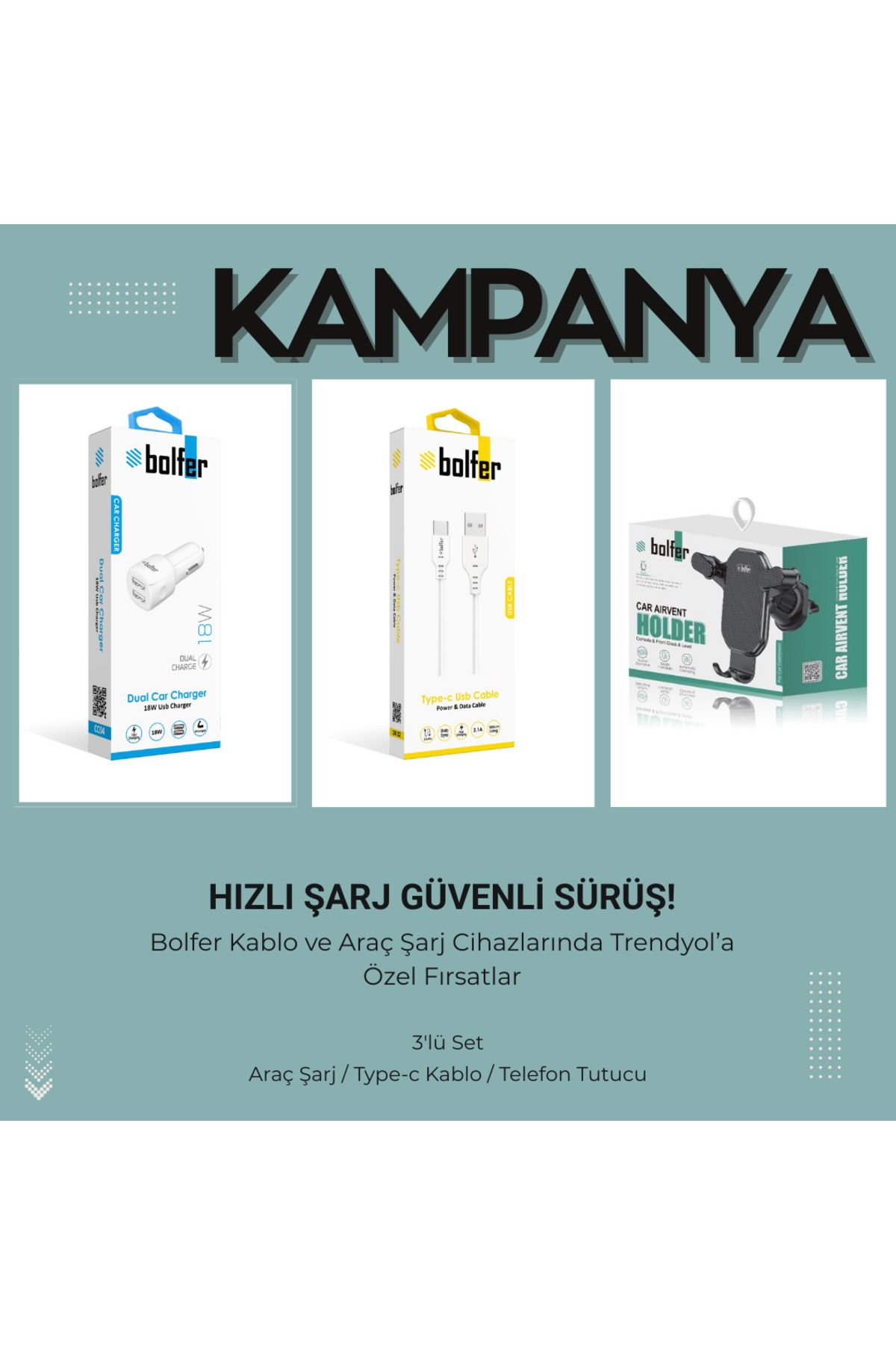 bolfer Araç İçi Şarj Cihazı Type-c Kablo Telefon Tutucu