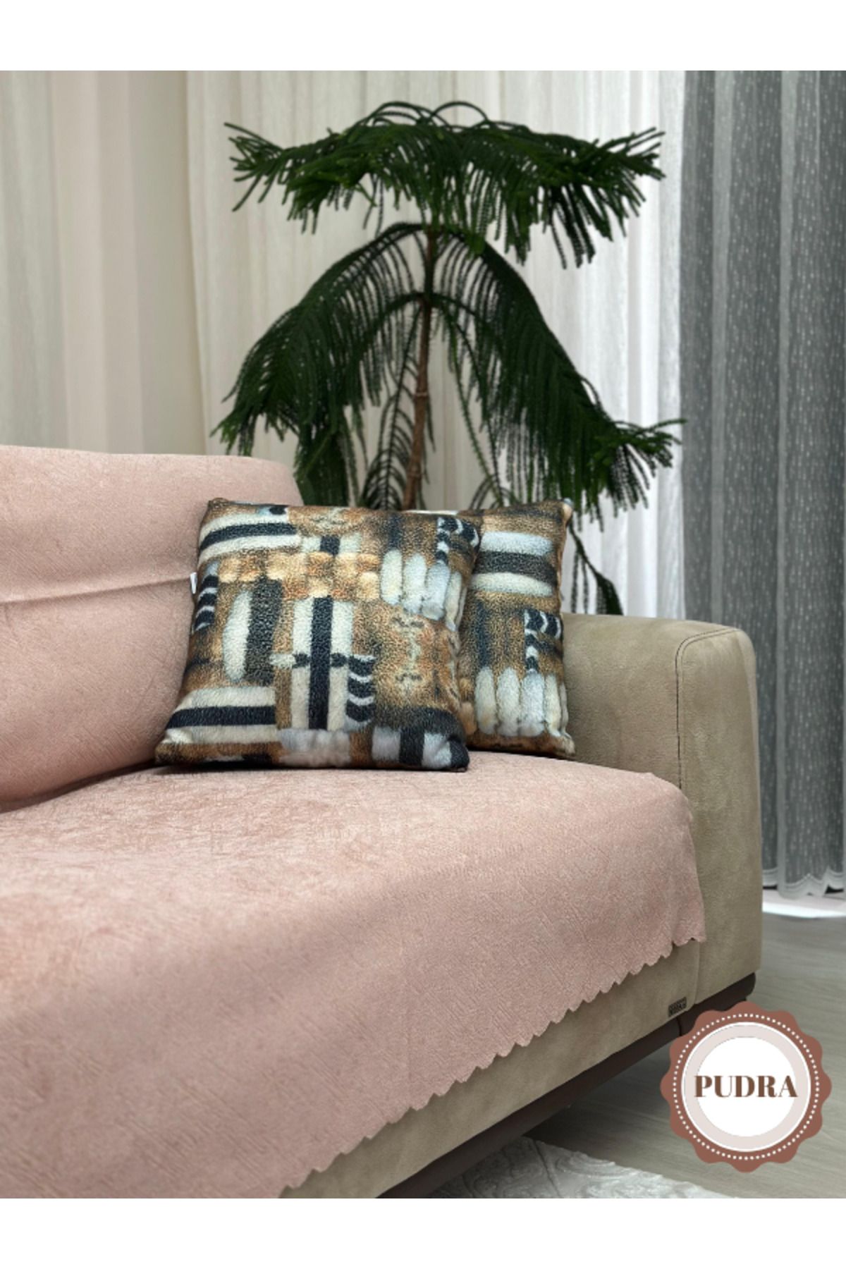 PAWN MARK COMPANY Jakarlı Şönil Kaymaz Koltuk Örtüsü ve Çekyat Örtüsü 175x215 cm | Mikrofiber Koltuk Şalı pudra rengi