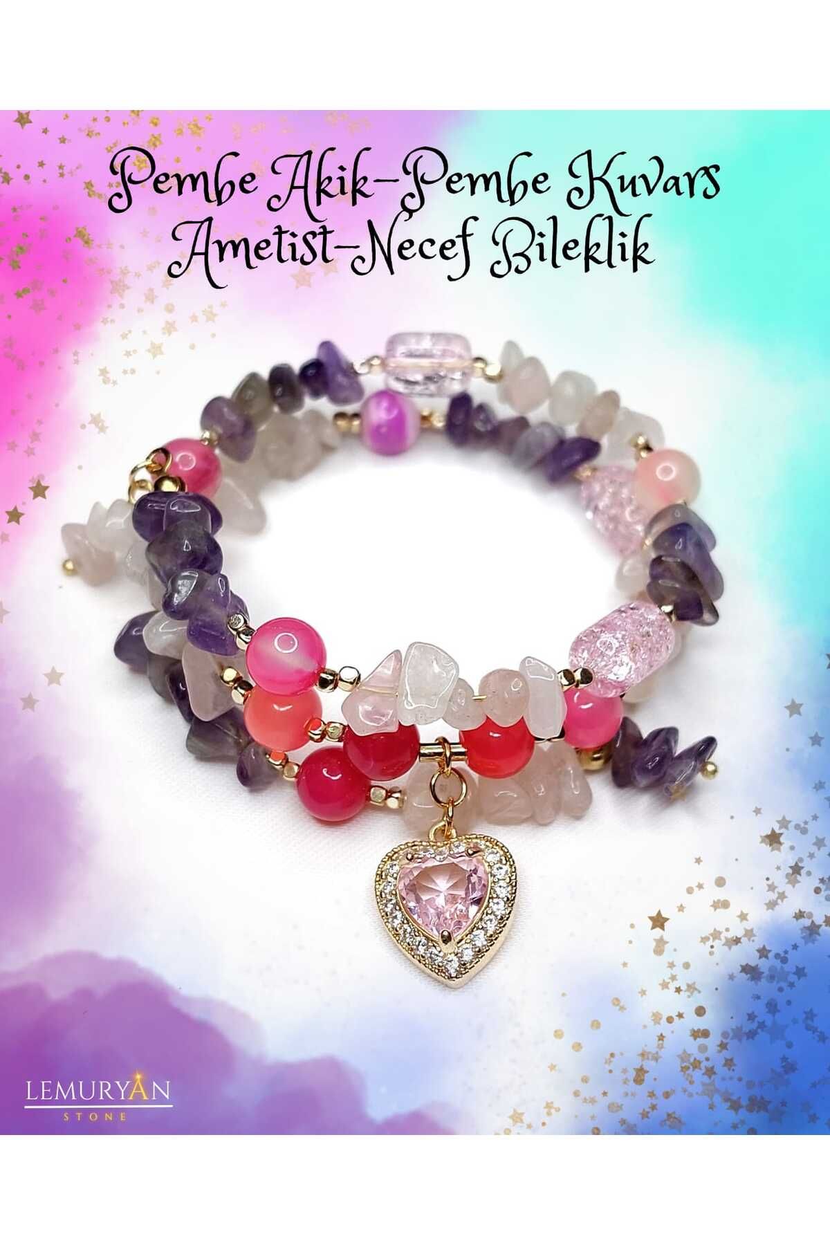 Herkimer Doğal Taş Orijinal Doğaltaş Pembe Akik - Pembe Kuvars - Ametist - Necef Helozon Bileklik