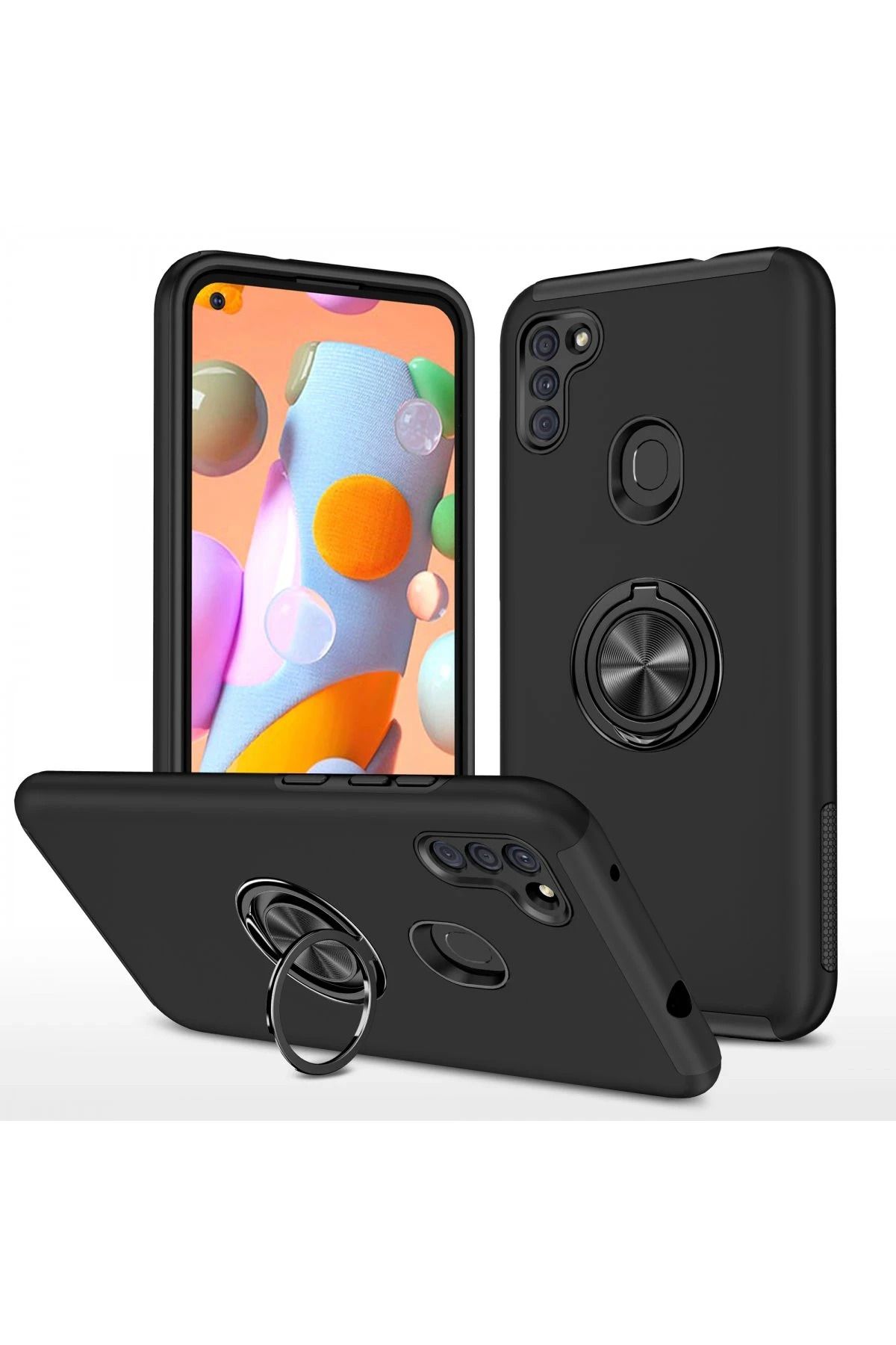 NewFace Samsung Galaxy A11 Kılıf Elit Yüzüklü Kapak - Siyah JOJUA
