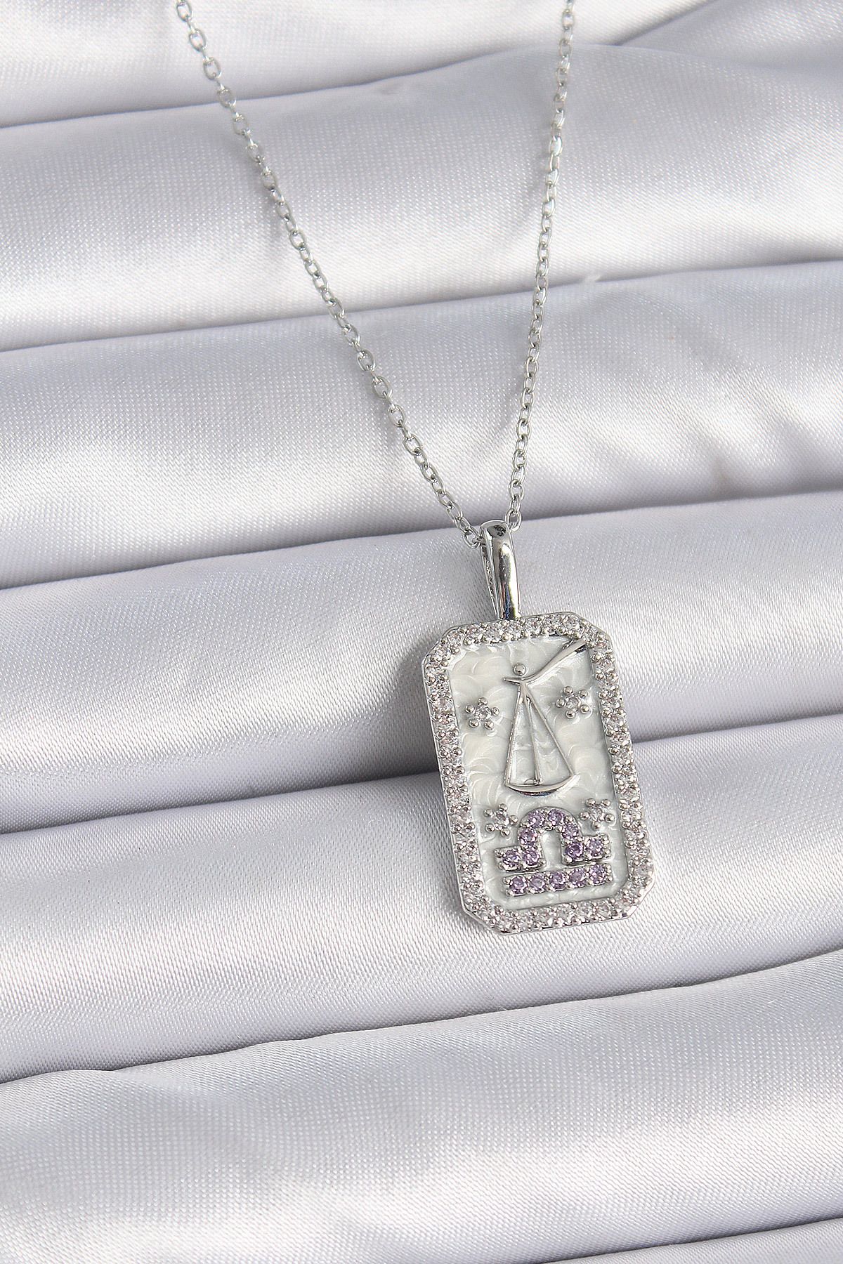 MMB Boutique 316L Çelik Gümüş Renk Terazi Burcu Zirkon Taşlı Kadın Kolye