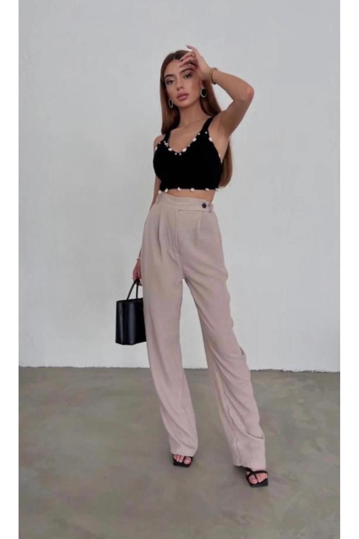MODA Taş Renk Keten Pantolon