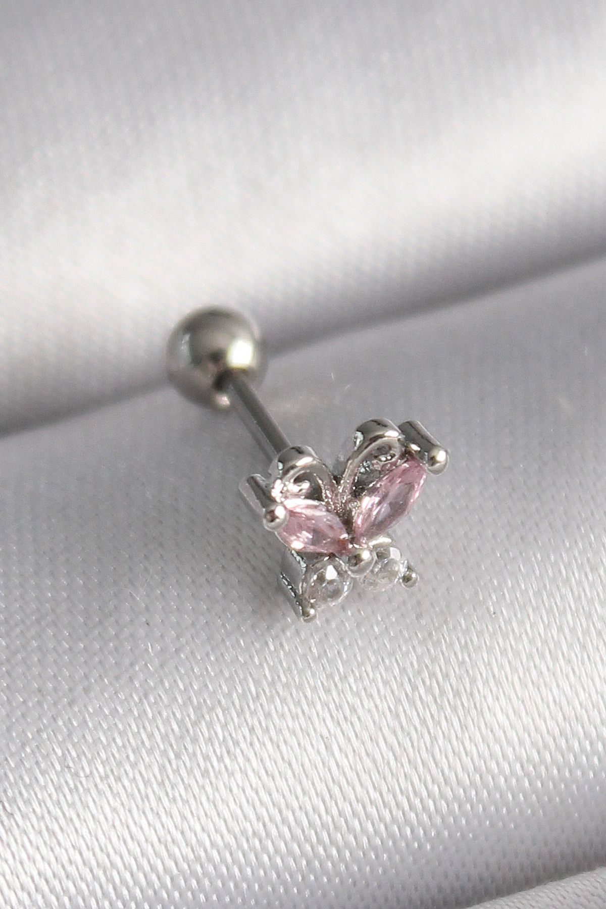 Maristas Çelik Gümüş Renk Pembe Zirkon Taşlı Kelebek Tragus Piercing