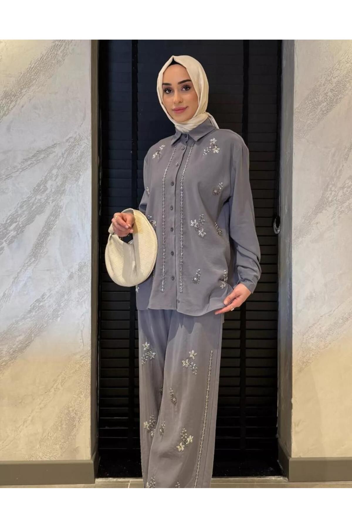 nizzell Kadın Boncuk İşlemeli Gömlek Pantolon Tesettür İkili Takım