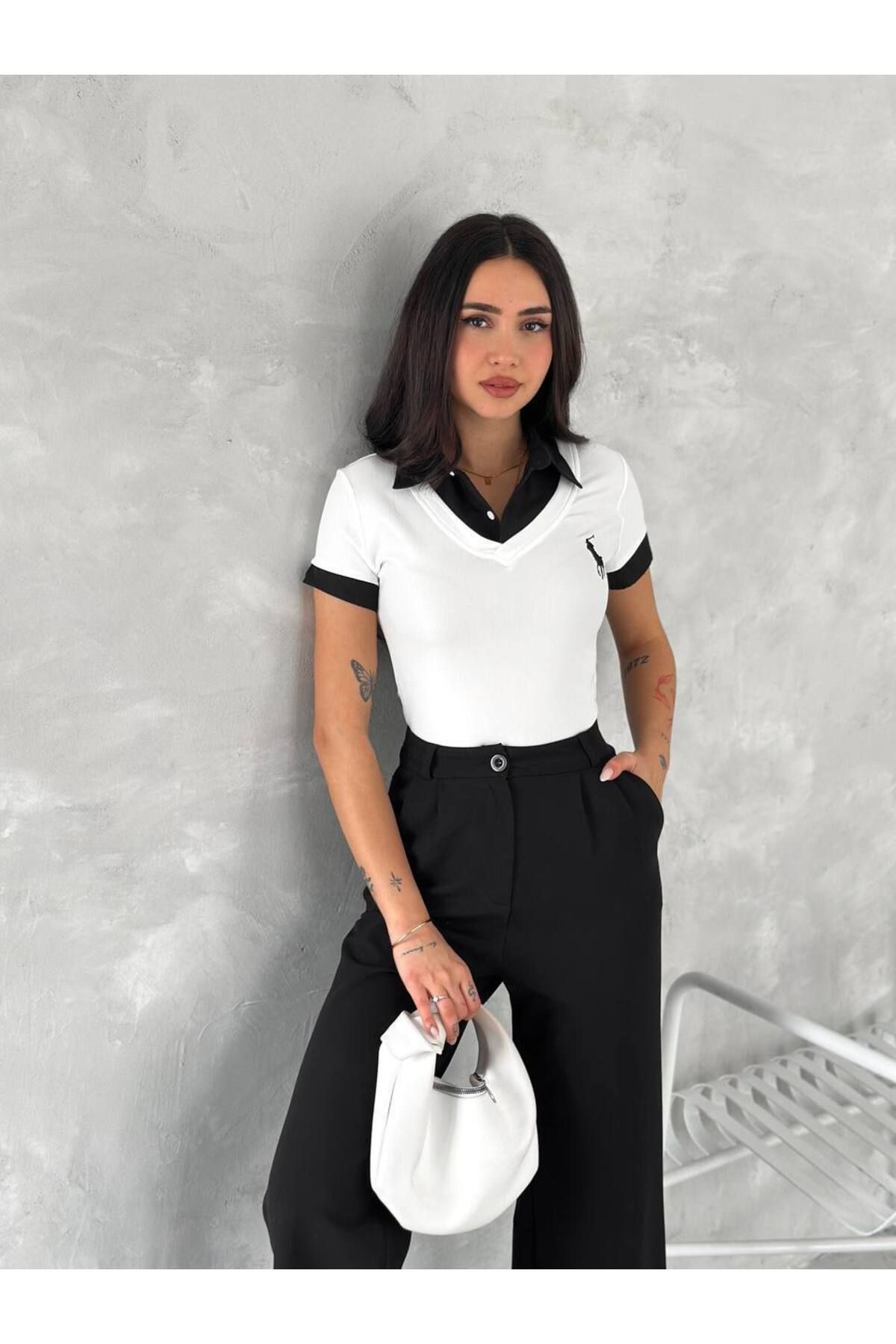 Castivo Fashion Kolej Stil Yaka Detaylı Kısa Kollu Slim Fit T-shirt
