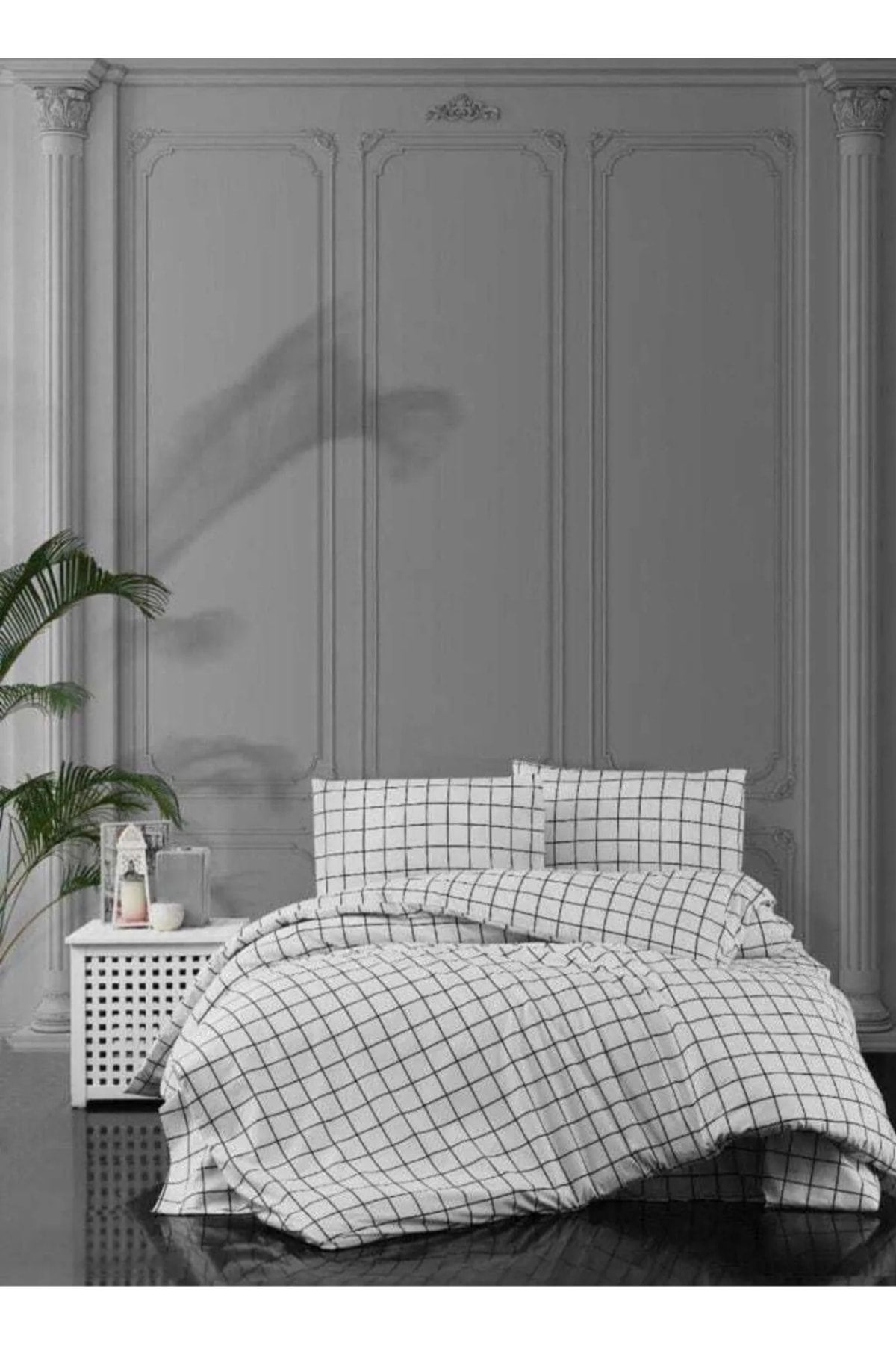 Navessa Home Collection Çift Kişilik Lastikli Çarşaflı Nevresim Takımı | Fermuarlı Kare Desenli, PAMUKLU | Battal Boy