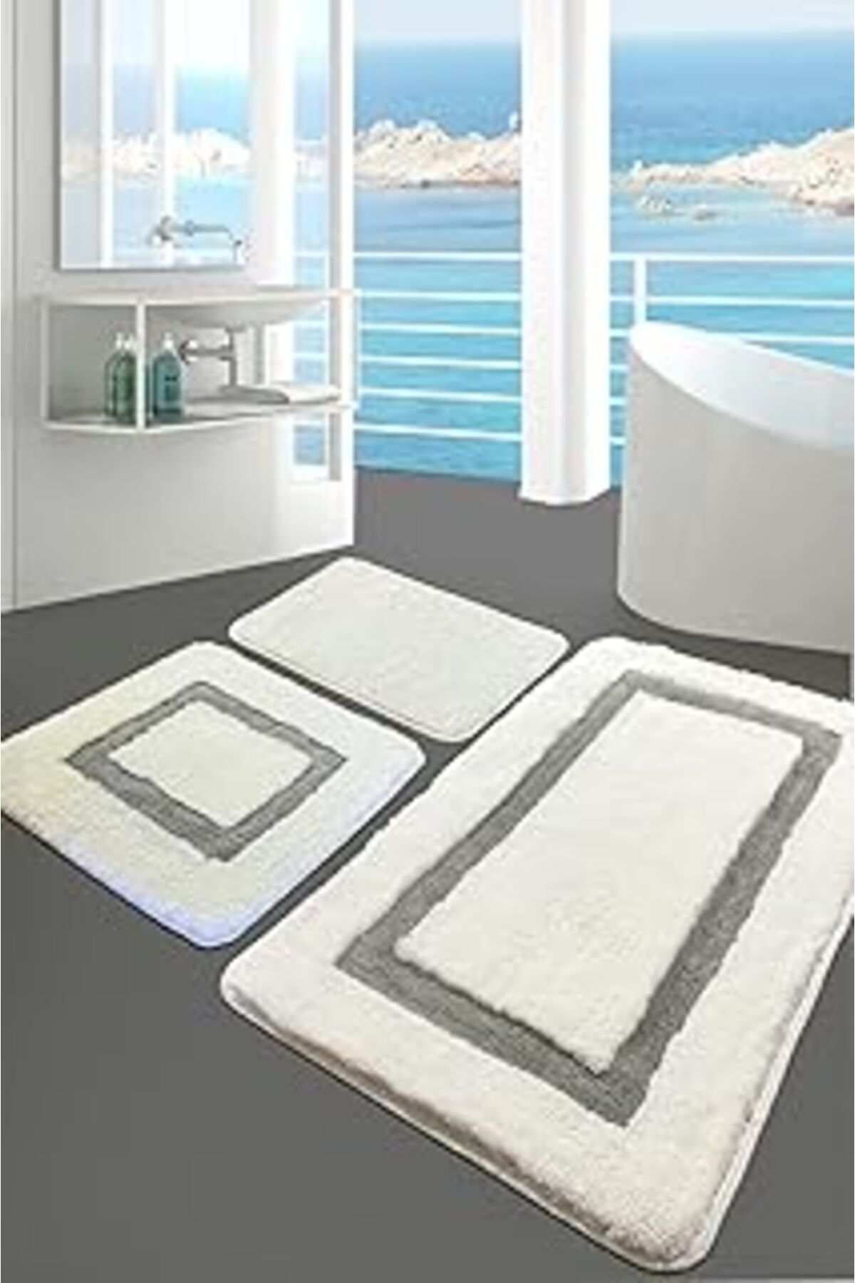 karadağsb Quadrato Gri 3Lü Set Banyo Halısı Paspas Kaymaz Taban Yıkanabilir