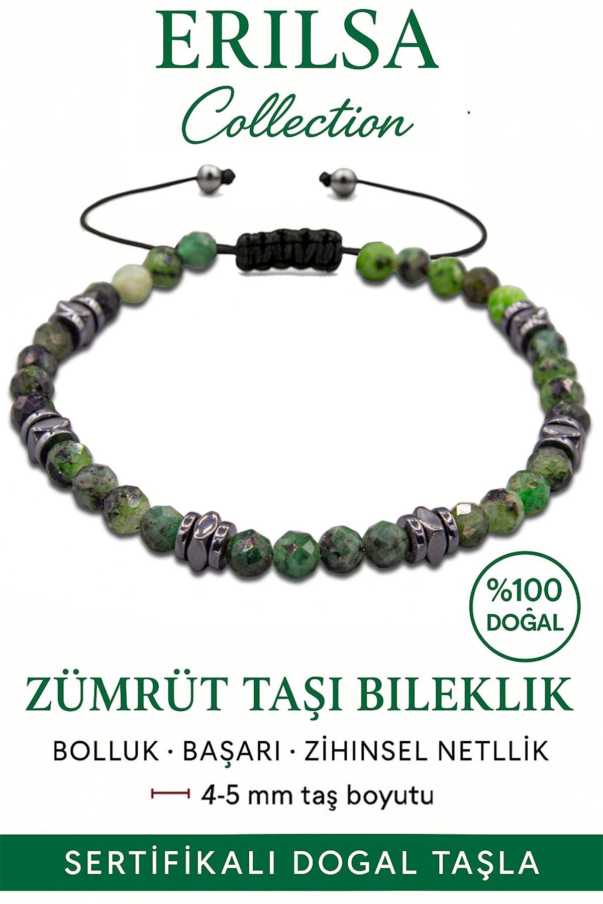 Erilsa Sertifikalı Fasetli Terahertz – Zümrüt Taşı Bileklik (İnce Model) – Kalp Gücü, Bereket ve Şifa Taşı