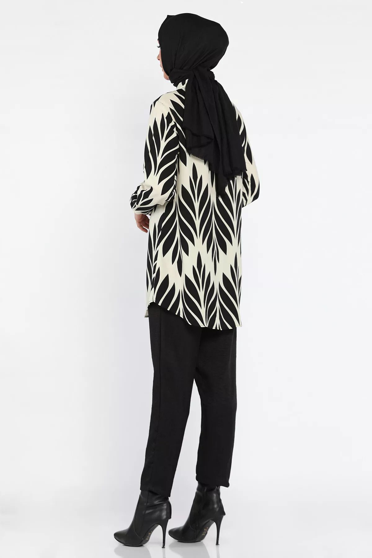 julude-Creamy Black Large Size Patterned Tunic Trousers Hijab Double Set 3