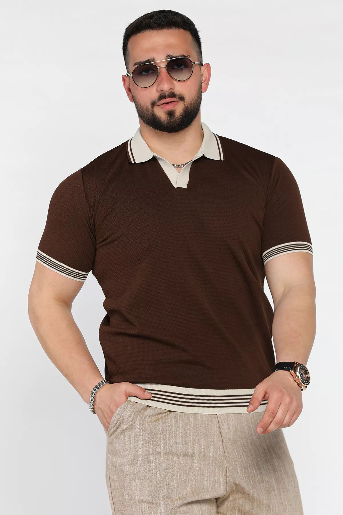 MİSHAR İTALİA Kahve Erkek Polo Yaka Desenli Triko Tişört