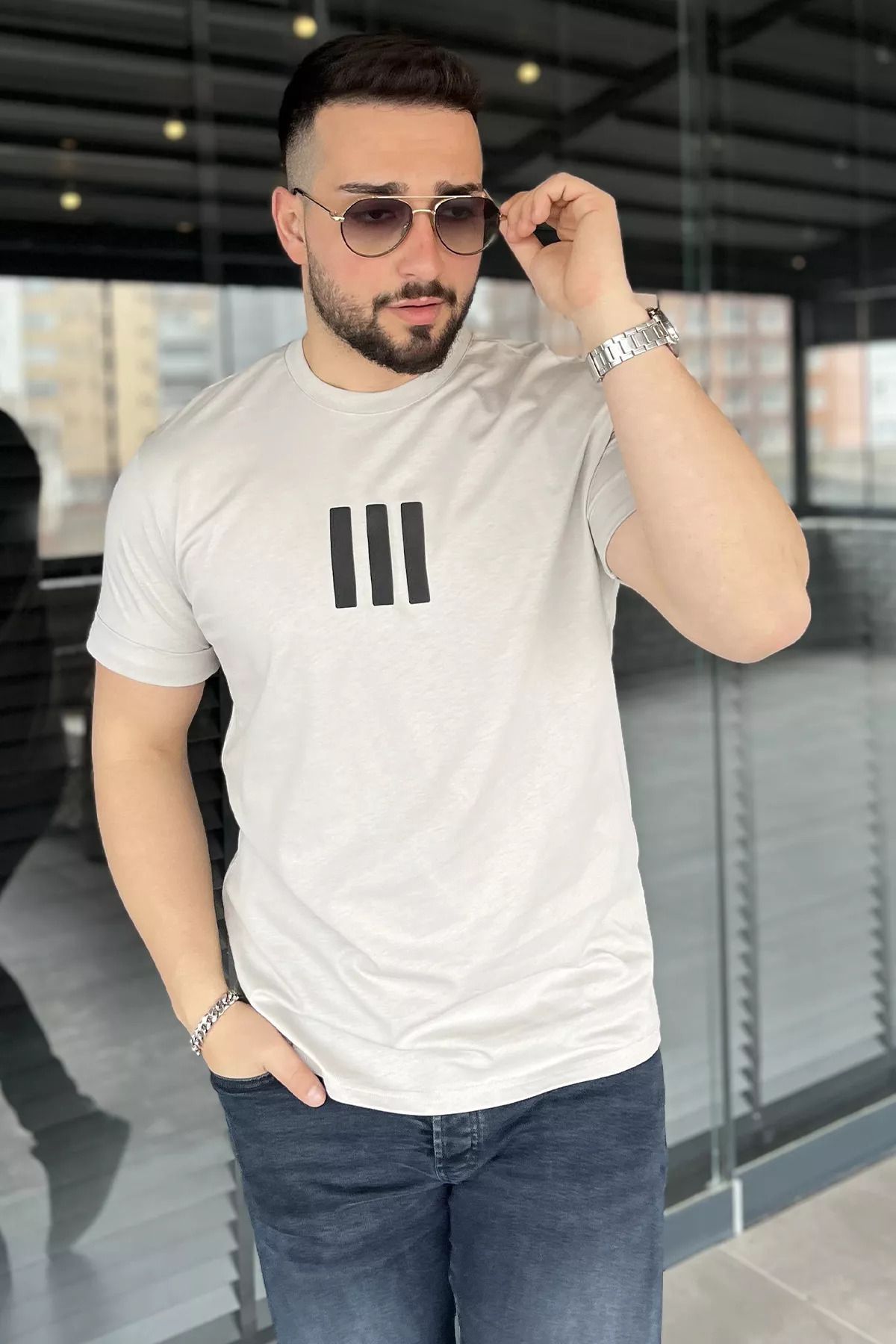 MİSHAR İTALİA Taş Kol Katlamalı Baskılı Erkek Tişört
