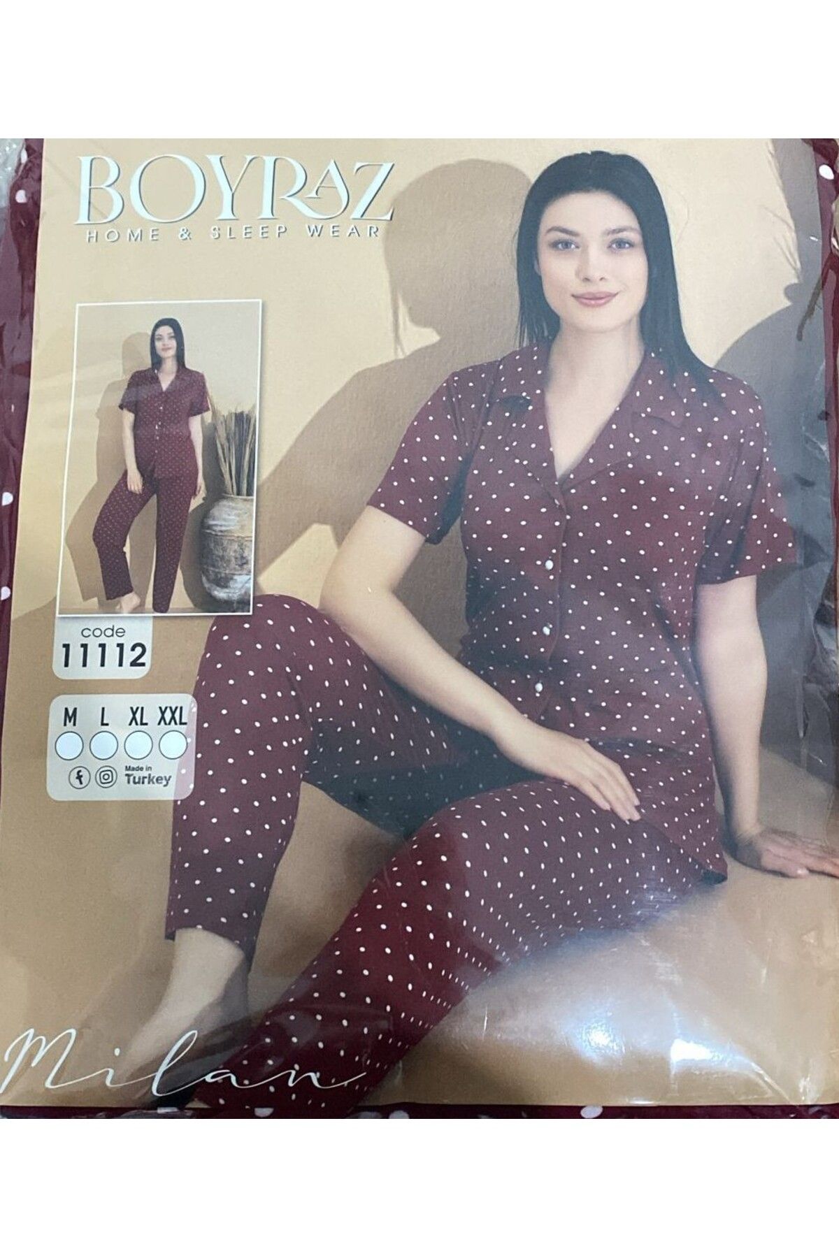 VELNO puantiyeli kısa kollu bordo pijama takımı