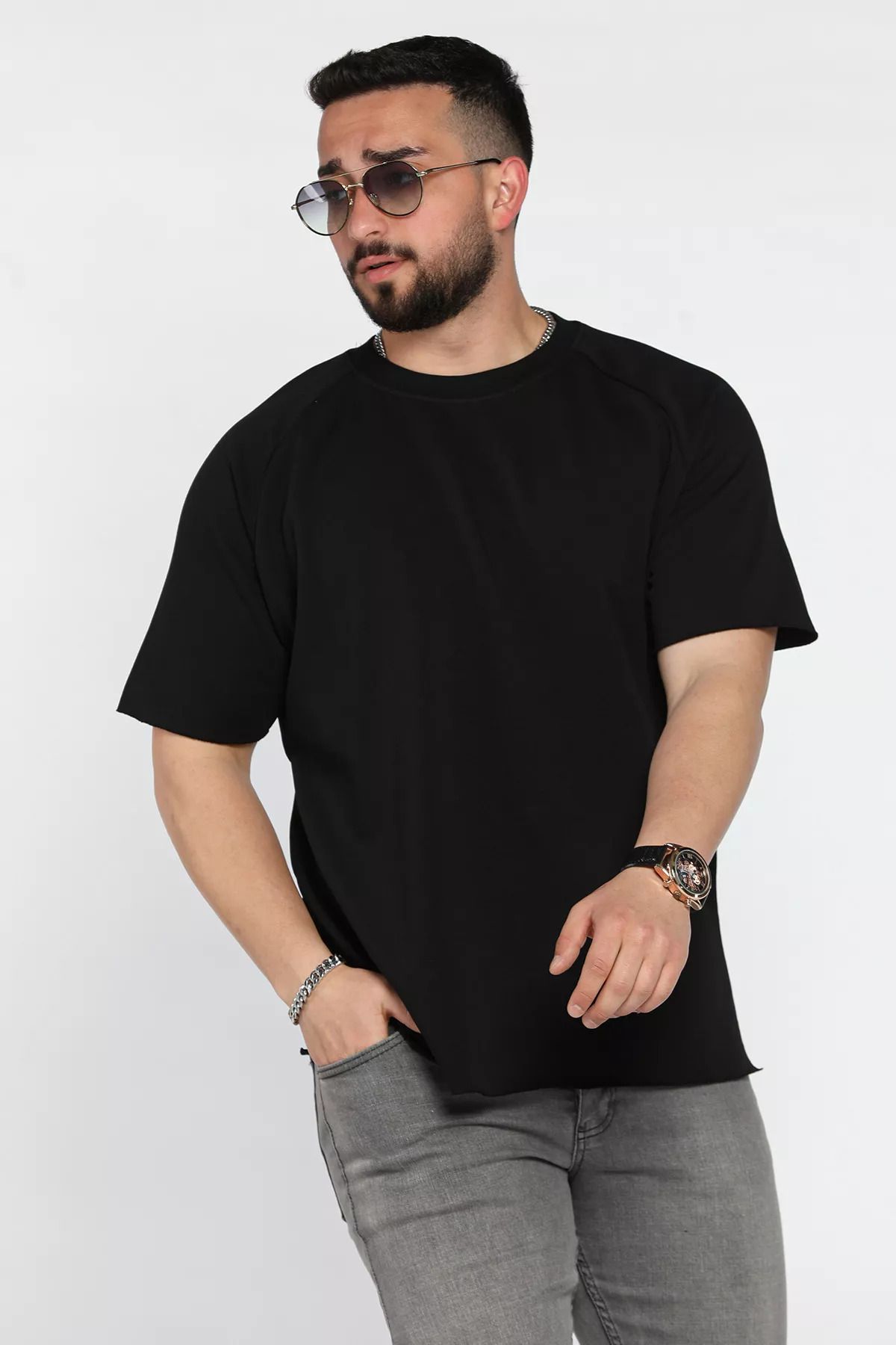 MİSHAR İTALİA Siyah Bisiklet Yaka Erkek Oversize Basic Tişört