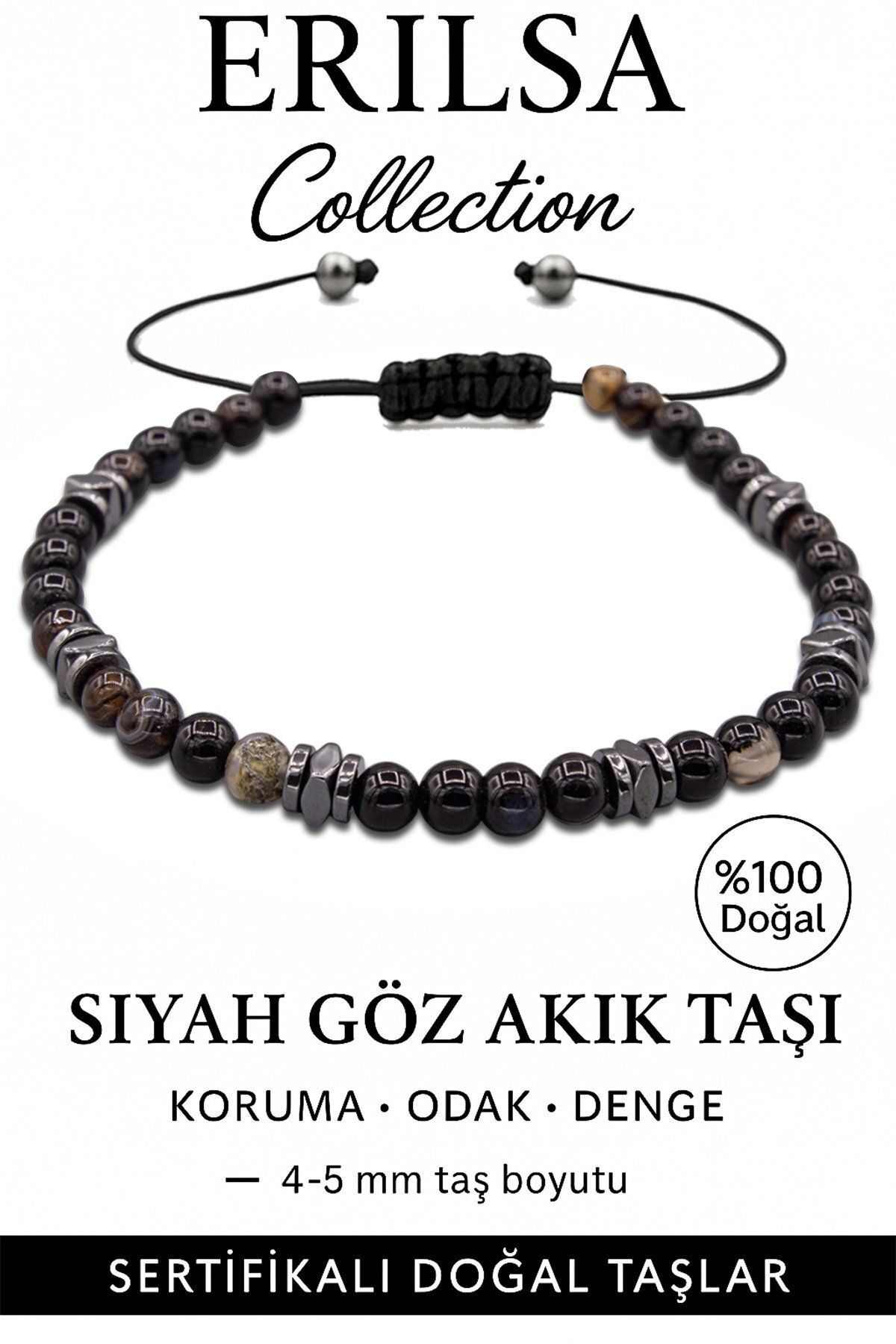 Erilsa Sertifikalı Terahertz – Siyah Göz Akik Taşı Bileklik (İnce Model) – Koruma, Odak ve Ruhsal Güç Taşı