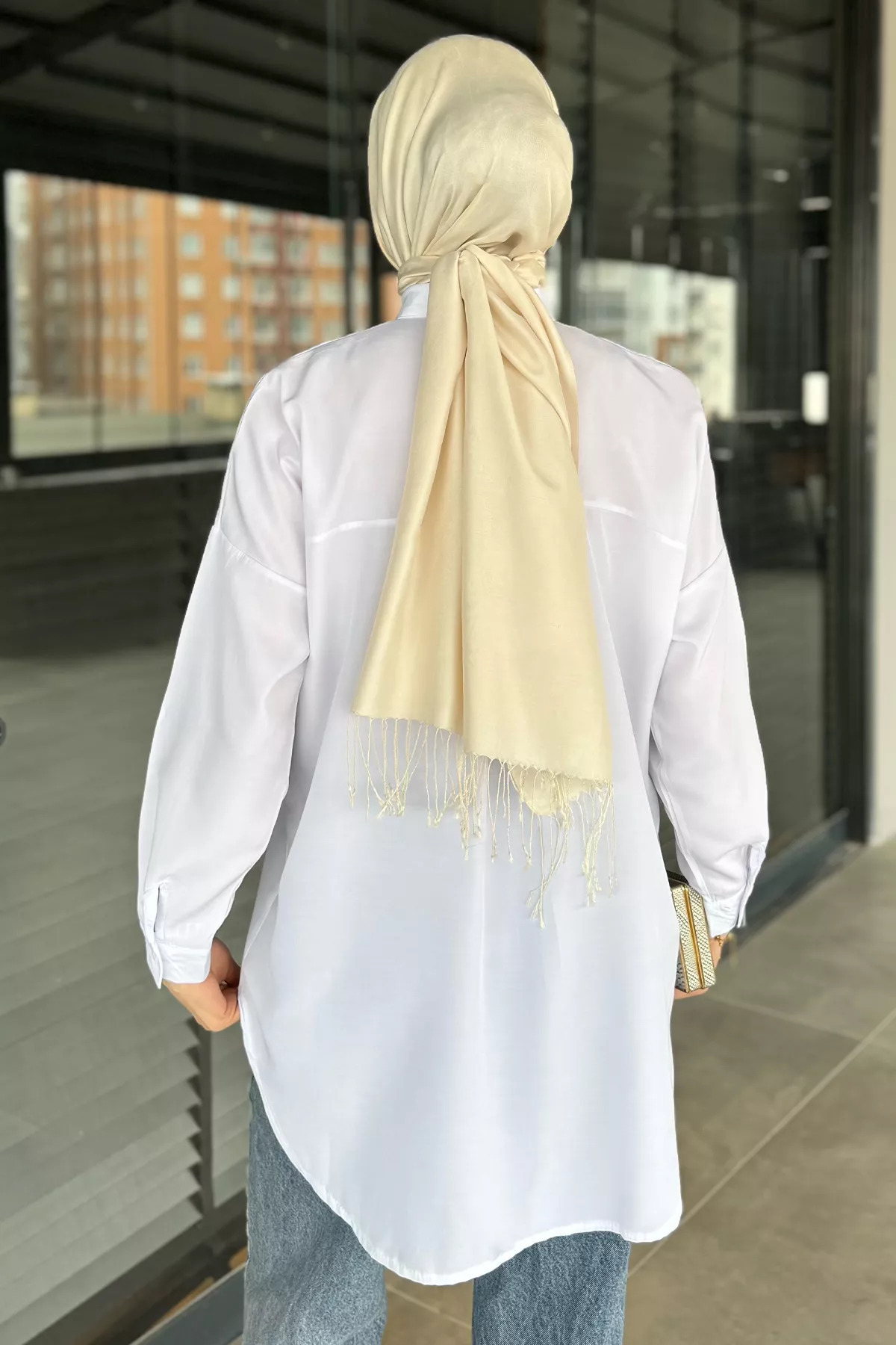 julude-White Ribbon Detailed Stone Hijab Tunic 8