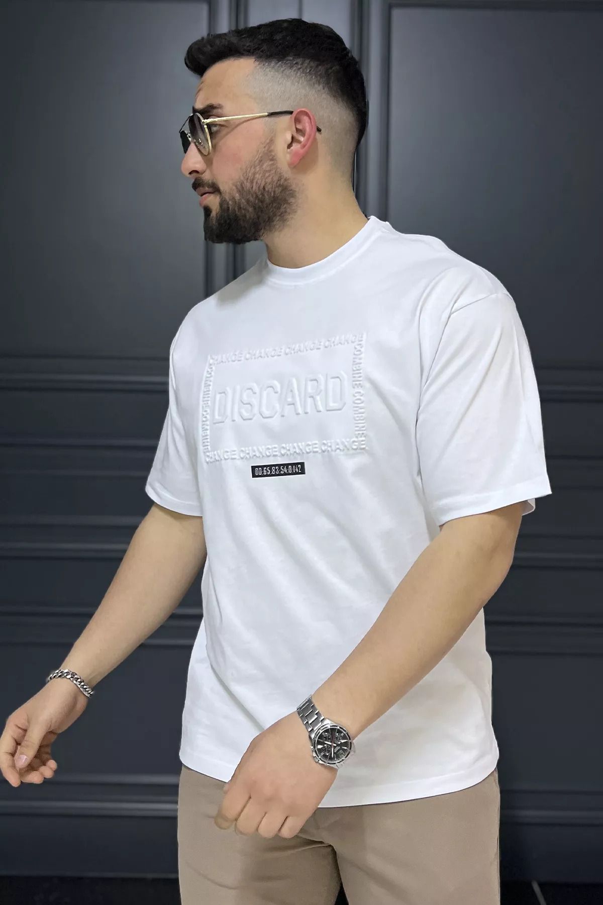 MİSHAR İTALİA Beyaz Erkek Yazı Baskılı Oversize Tişört