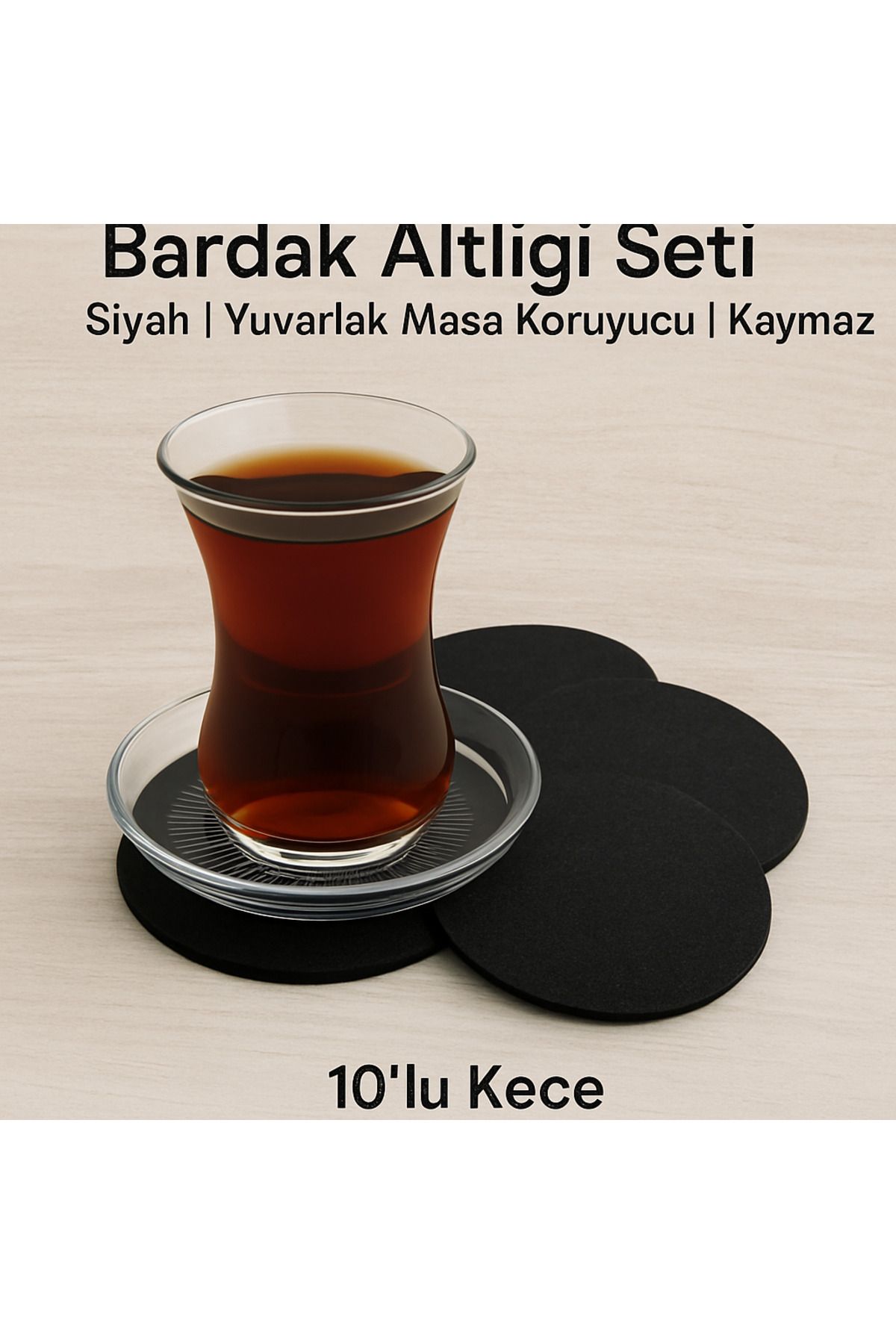 EROLAKSESUAR Bardak Altlığı Seti Siyah Yuvarlak Masa Koruyucu Kaymaz Takım 10'lu Keçe