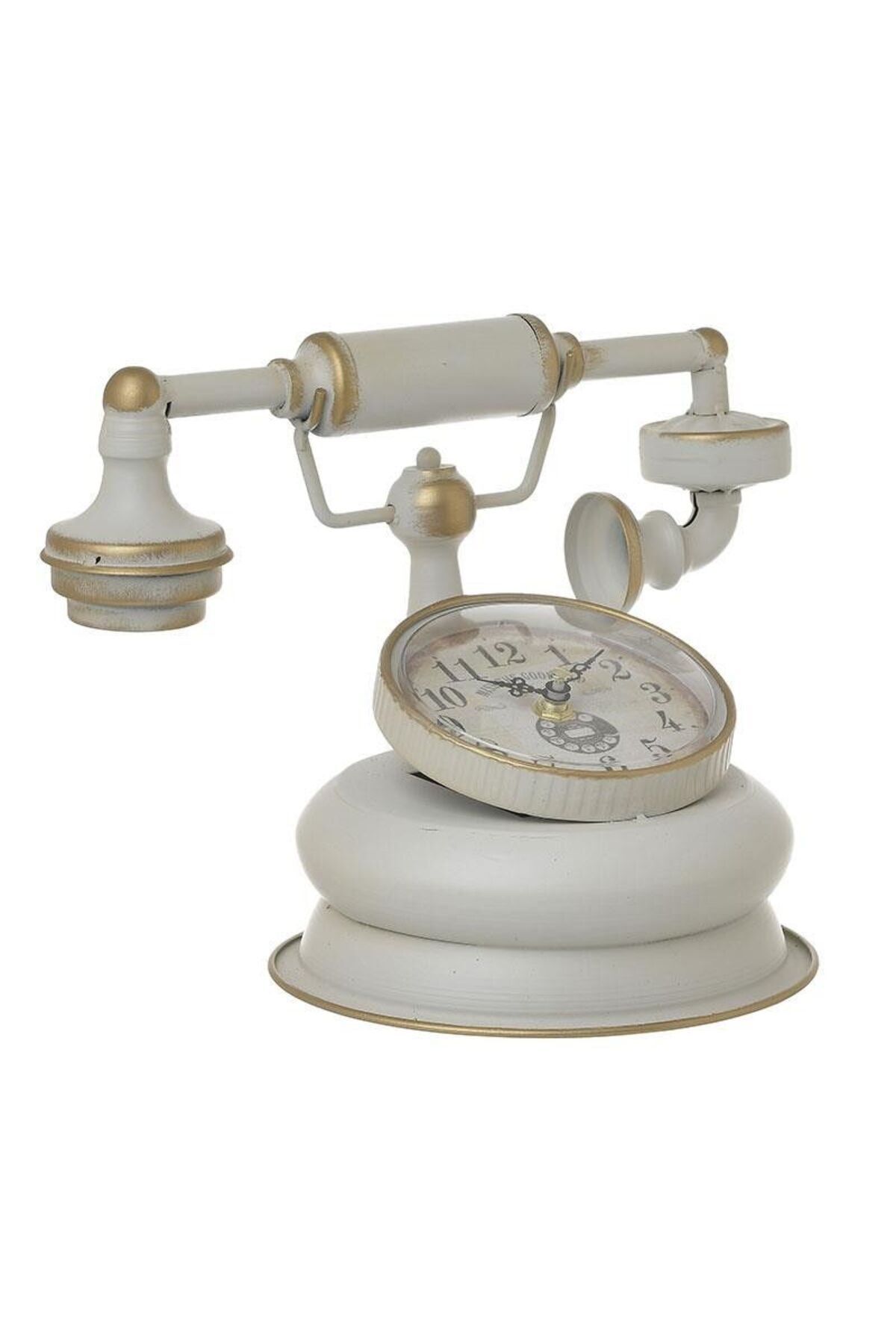 MuratogluHome Antik Telefon Tasarımlı Masa Saati Fildişi ve Altın Detaylı 21x21 cm Dekoratif Saat