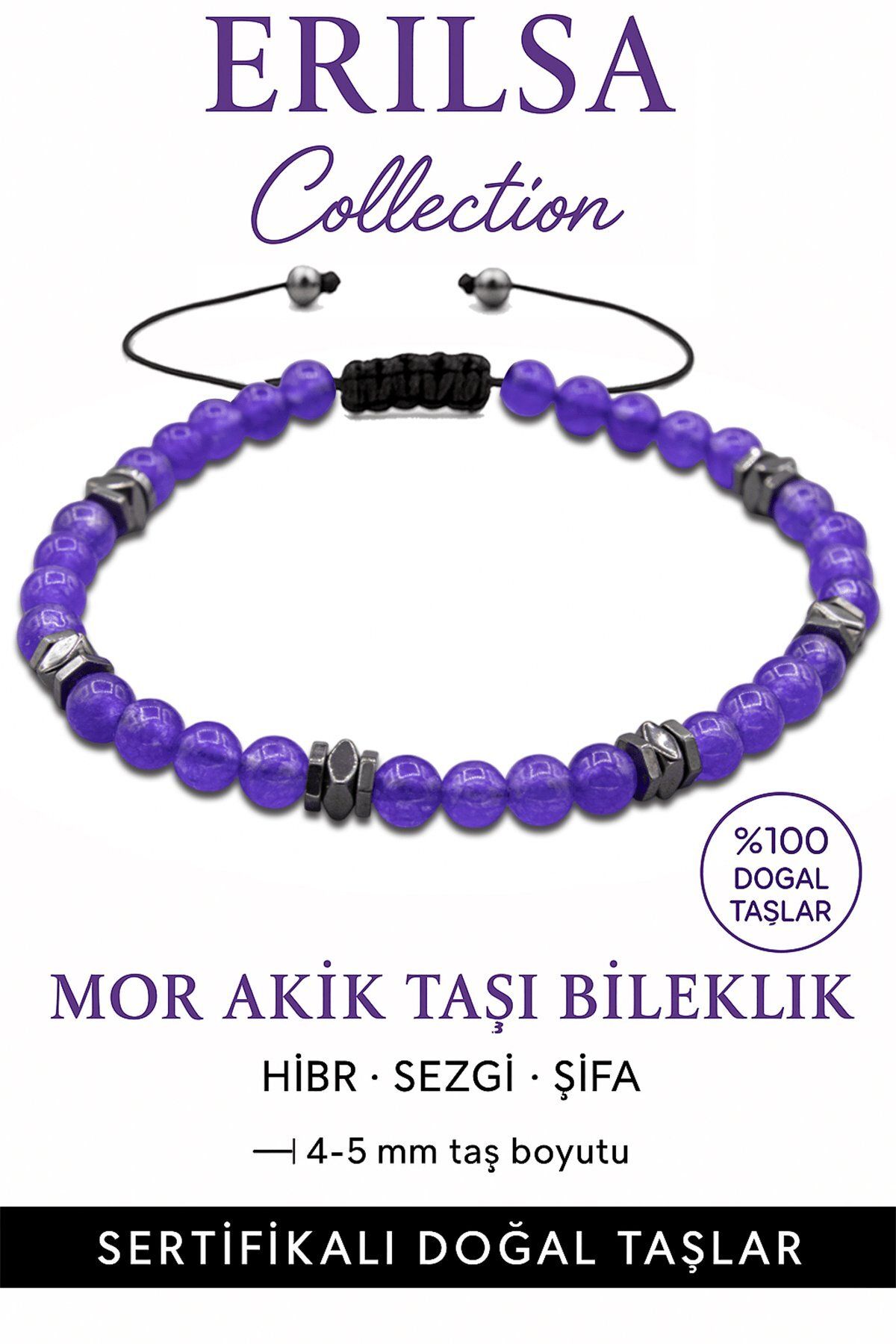Erilsa Sertifikalı Terahertz - Mor Akik Taşı Bileklik - İnce Model İç Huzur ve Konsantrasyon