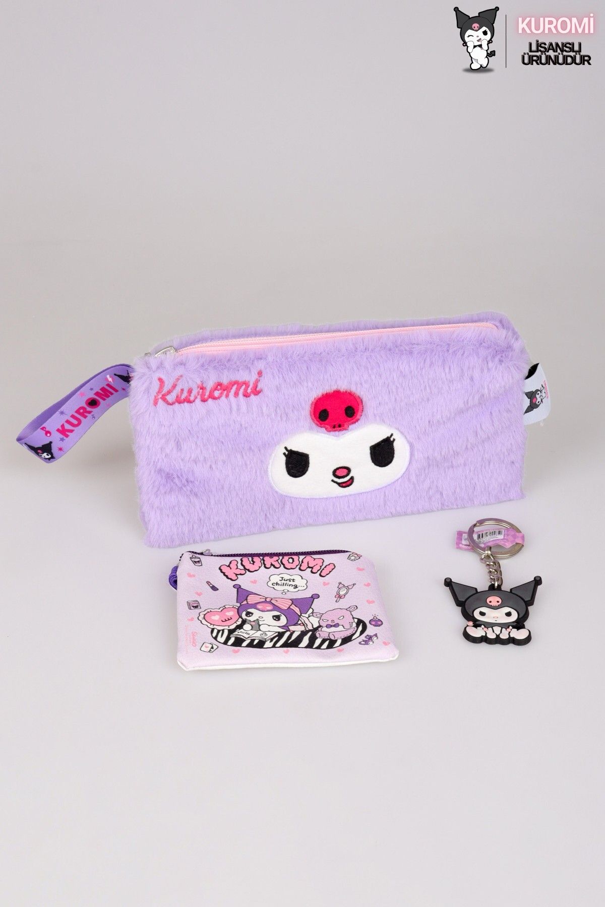 kuromi DEKOMUS İLE LİSANSLI YENİ SEZON KUROMI PELUŞ BASIC EL ÇANTASI,PARA ÇANTASI VE ZİNCİRLİ ANAHTARLIK SE