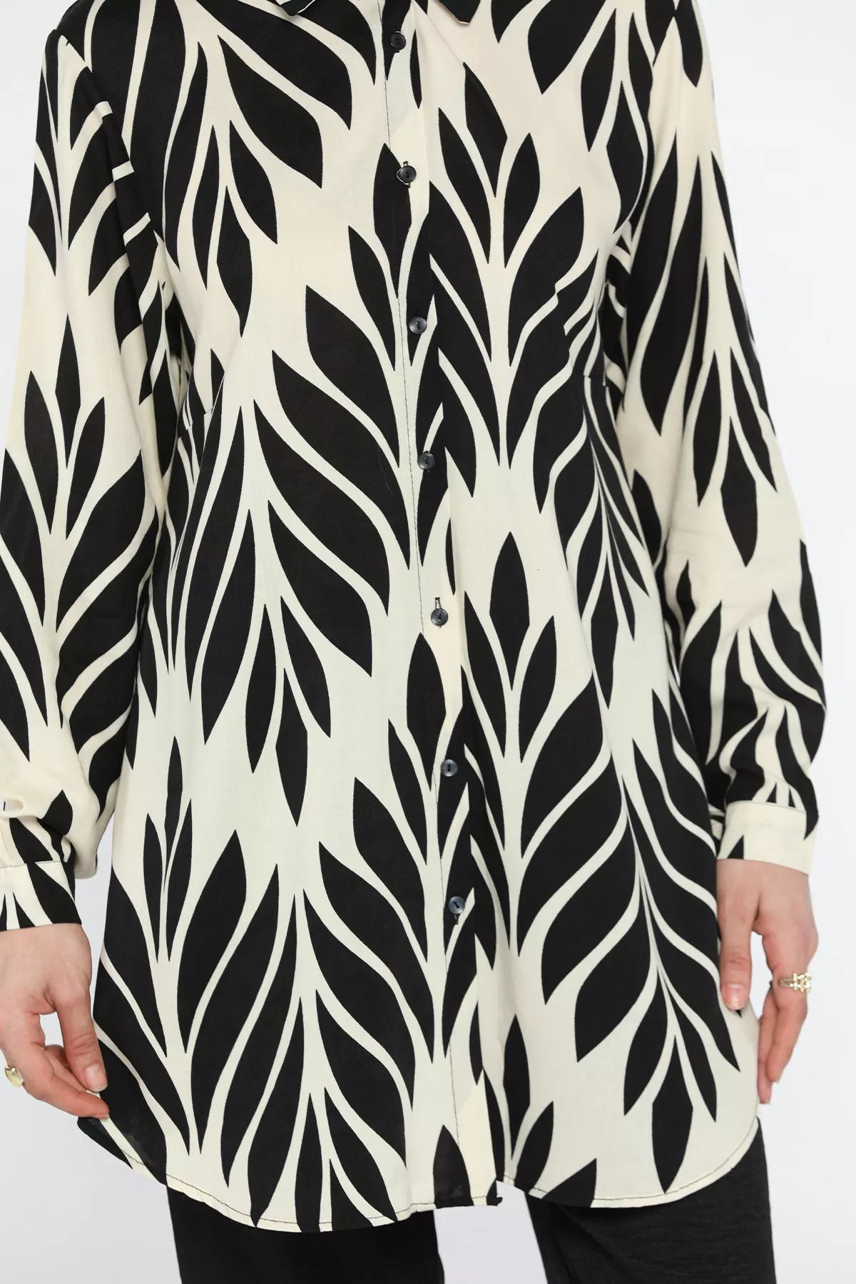 julude-Creamy Black Large Size Patterned Tunic Trousers Hijab Double Set 4